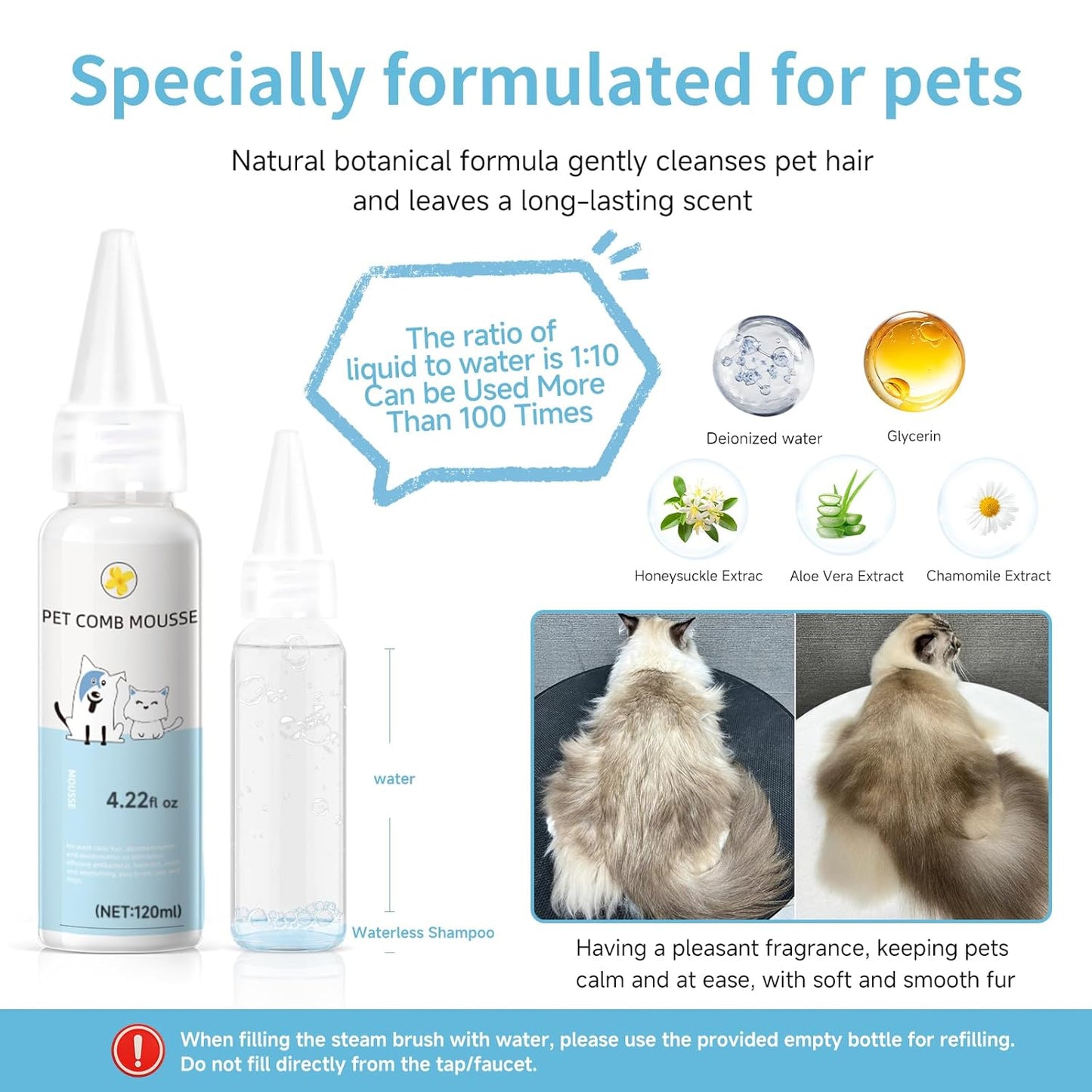 Pet Steam Brush for Dog & Cat – 3-in-1 Spray Hair Removal Comb – Steam Brush for Shedding & Grooming – Spritz Defur Comb – Includes Ear Wipes