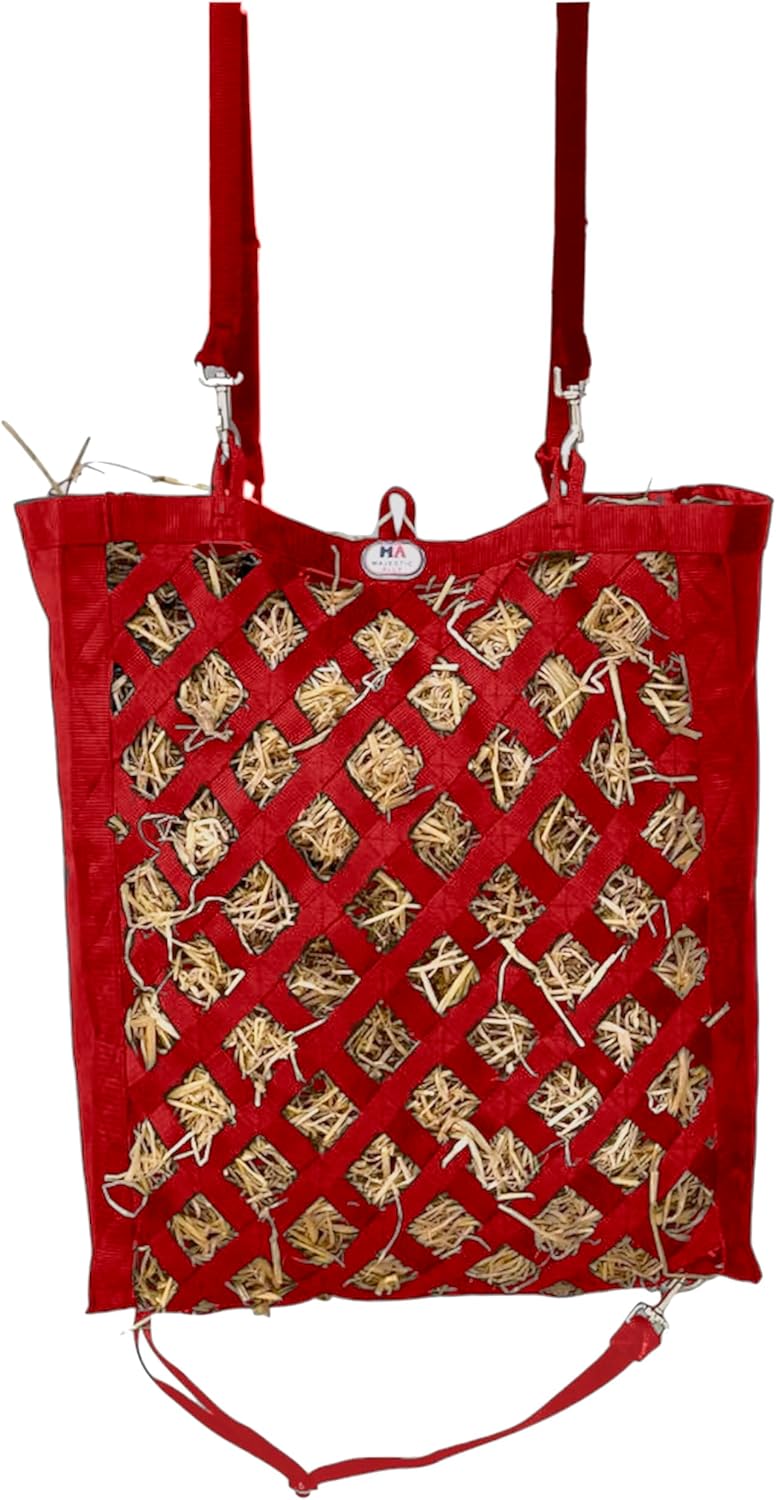 Majestic Ally Premium Nylon Hay Bag for Horses and Livestock, Simulates Grazing, Slow Feeding, Heavy-Duty PP Webbing,Quick-Adjust Straps, Small Hole for Digestion, Multiple Colors (Red)