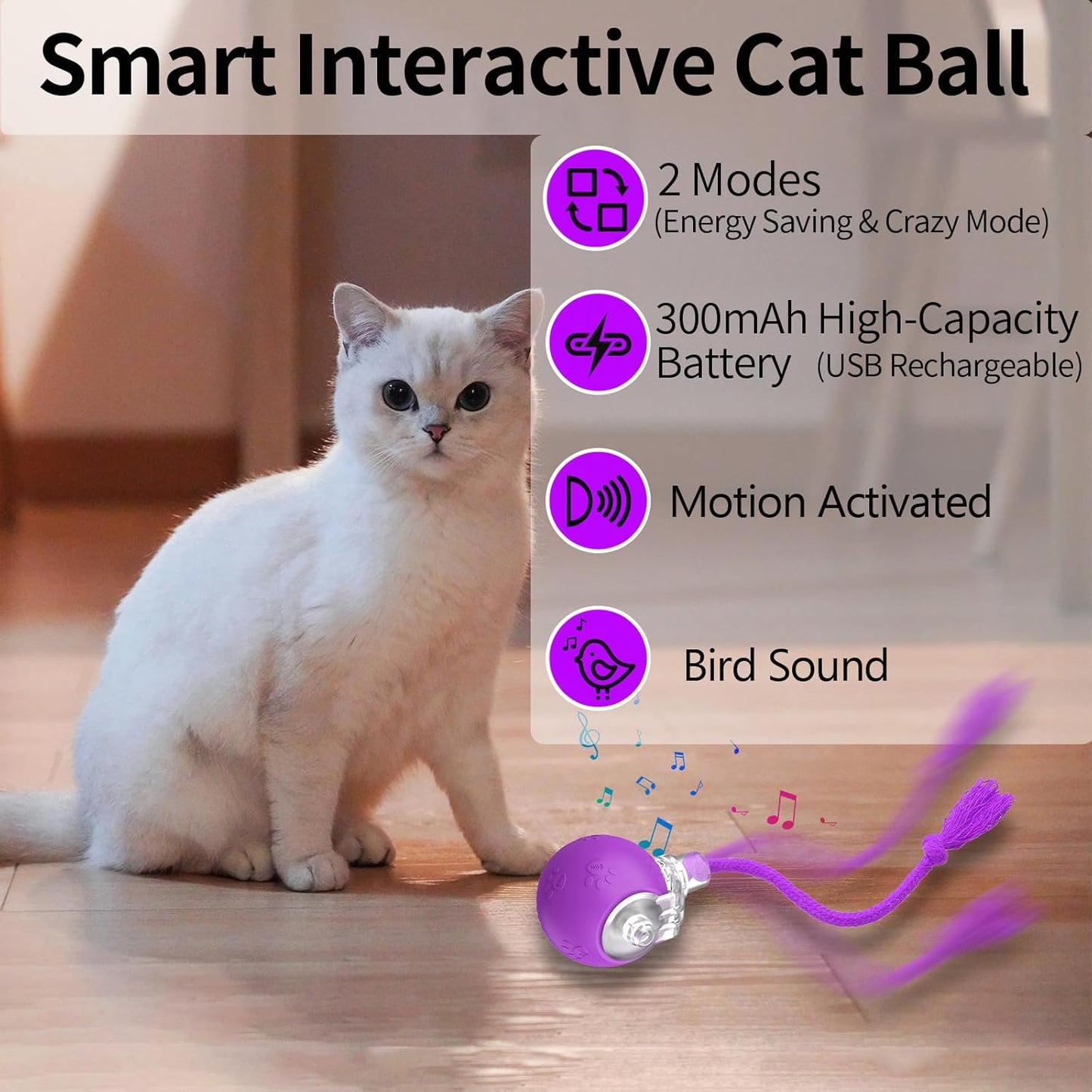 Interactive Cat Toys, Automatic Moving Cat Toys for Bored Indoor Adult Cats, Fast Rolling, Chirping & Motion-Activated Kitty Toys, Fun Gift for Cats with Speedy Tail 2.0, USB Rechargeable, Purple