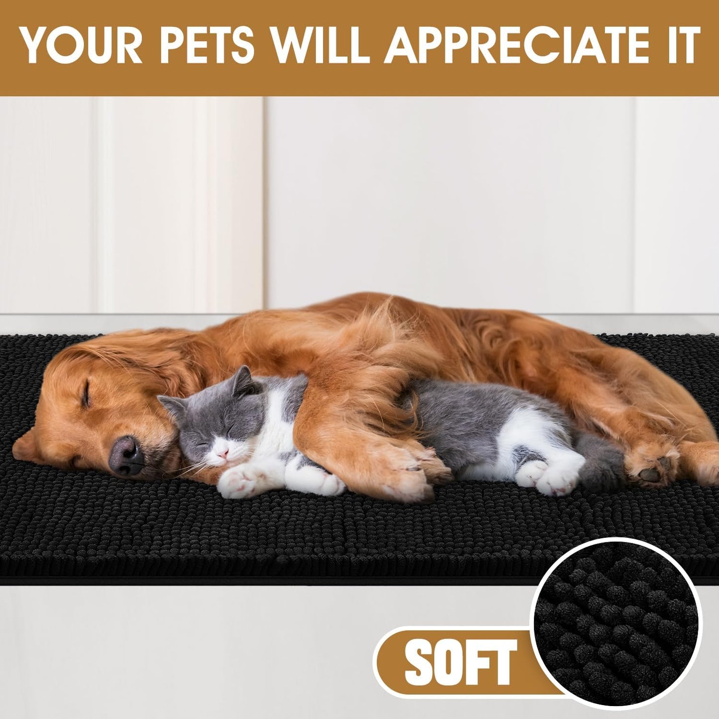 Extra Large Dog Door Mats for Muddy Paws, Chenille Absorbent Dog Mats, Non Slip Heavy Mud Mat for Dogs, Soft Pet Mat for Entryway, Mud Paws, Inside Floor,60" x 36", Black