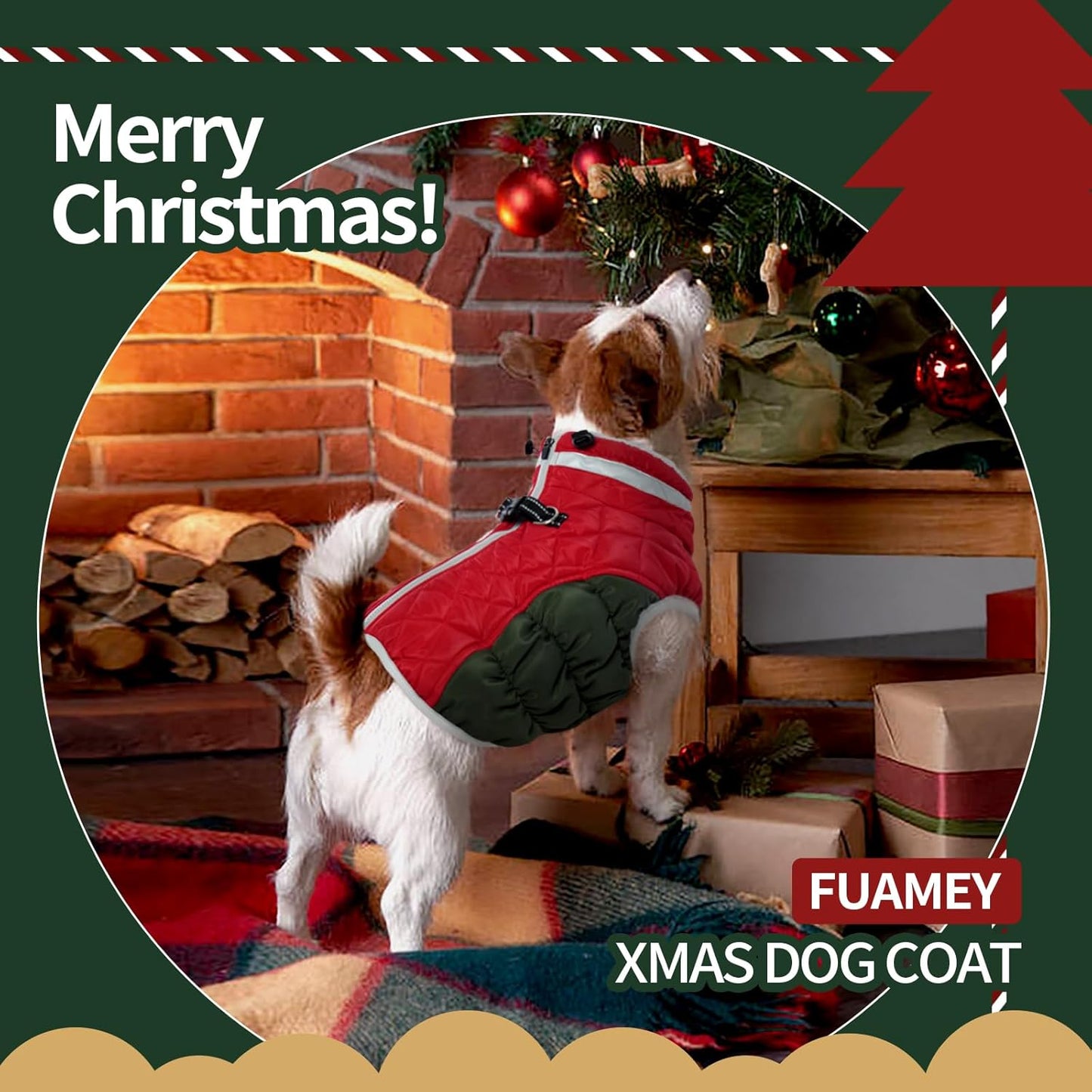 FUAMEY Dog Coat for Large Dogs,Waterproof Dog Winter Jacket with Harness Built in Puppy Cold Weather Coats Reflective Pet Vest with Zipper Warm Fleece Dogs Snowsuit Windproof Christmas XL