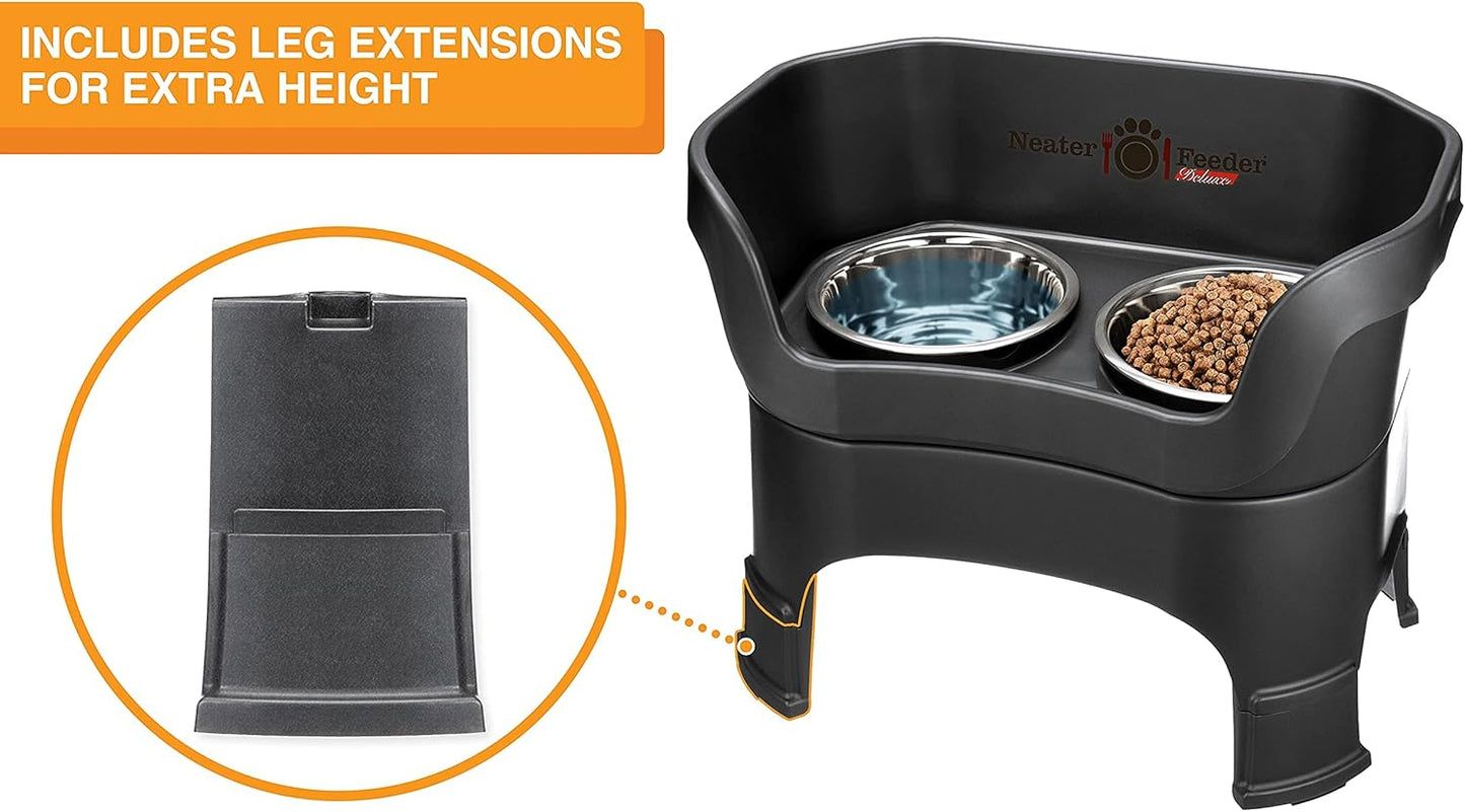 Neater Feeder Deluxe Mess Proof Dog Bowls Elevated for Large Dogs – Made in USA – No Spill Raised Dog Food Bowl Stand w/Leg Extensions – Stainless Steel Dog Food and Water Bowl Set – Black