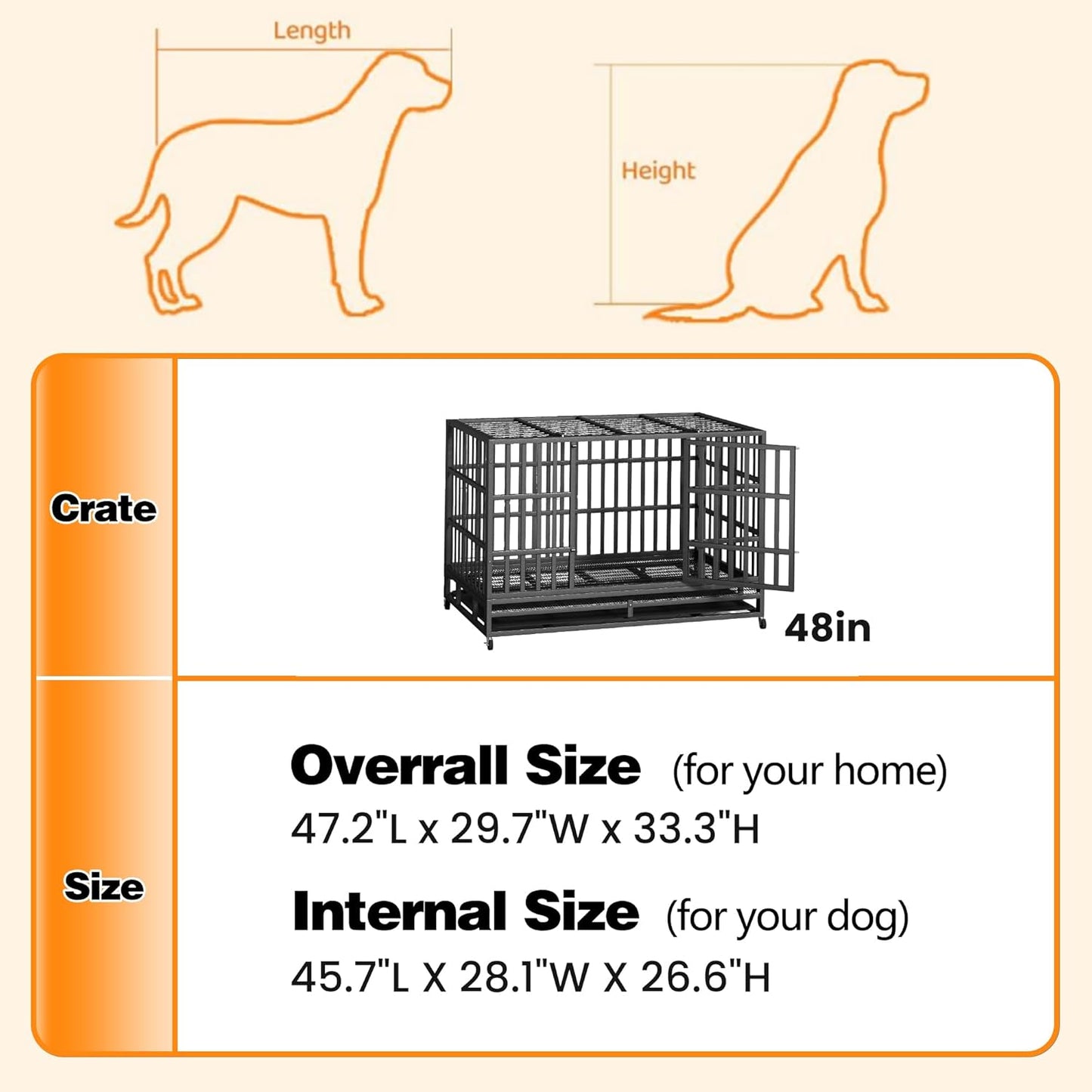 48 Inch Heavy Duty Indestructible Dog Crate Steel Escape Proof, Indoor Double Door High Anxiety Cage, Kennel with Wheels, Removable Tray, Extra Large XL XXL