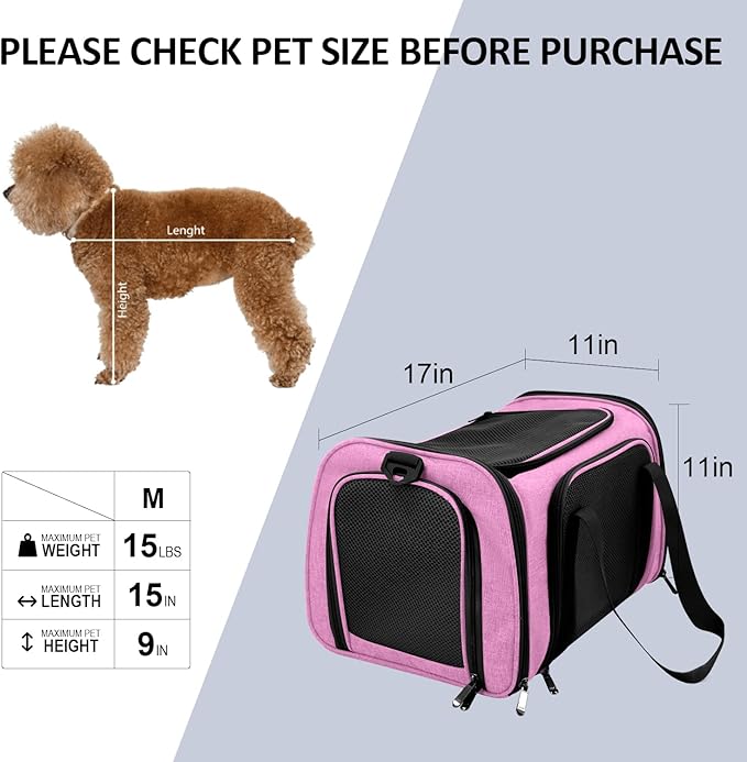 Pet Carrier for Small Medium Cats Dogs Puppies up to 15 Lbs, TSA Airline Approved, Soft Sided, Collapsible Travel - Pink