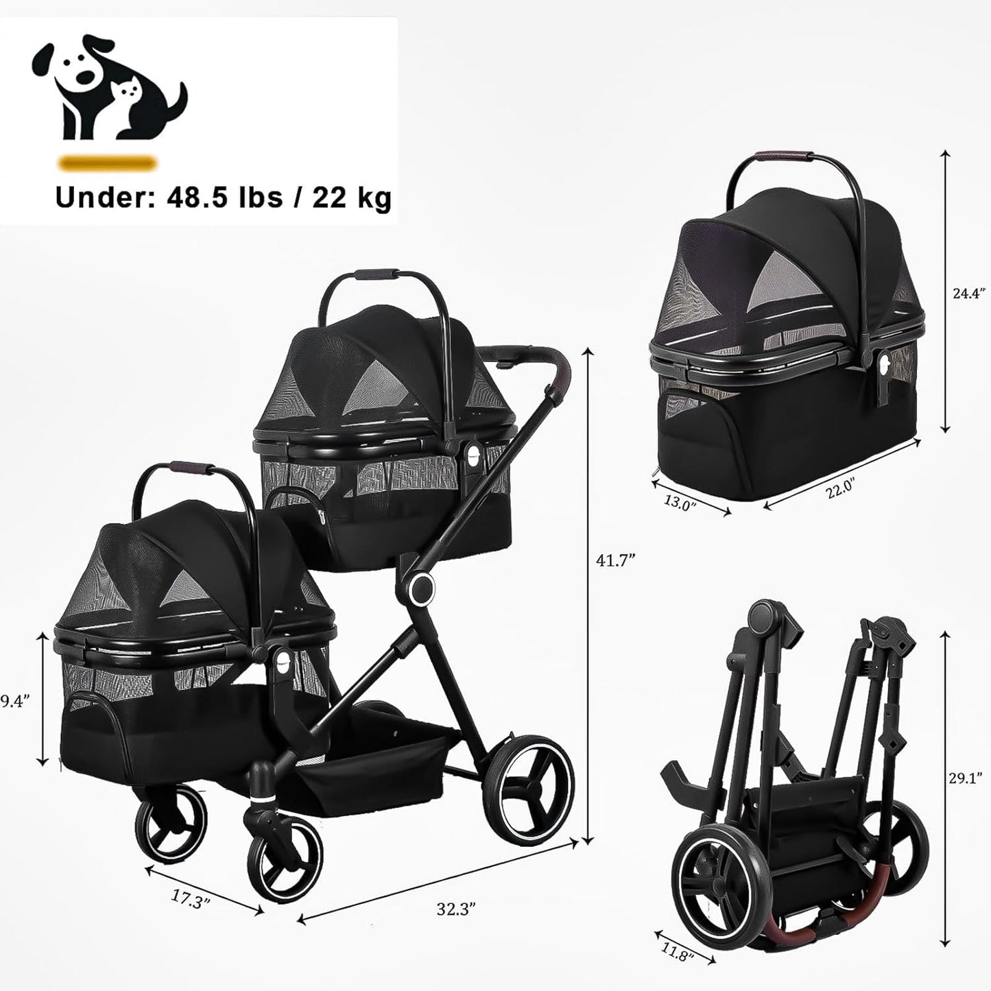 Foldable Double Pet Stroller for 2 Small Medium Cats Dogs, Lightweight Single and Double Integrated Pet Stroller with Detachable Carriers