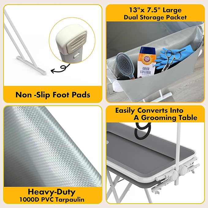 PAWZIDEA 2-in-1 Portable Dog Bathtub & Grooming Table, 33" Foldable Pet Washing Station for Small Medium Dogs Cats, Elevated Tubs for Bathing Shower Indoor Outdoor, 5 Height Adjustable, Storage Pocket