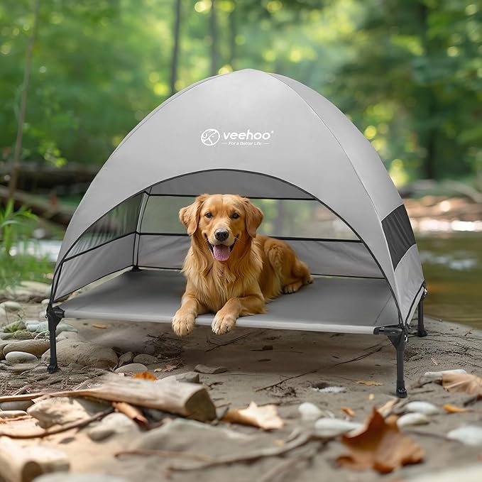 Veehoo Outdoor Dog Bed with Canopy, Cooling Elevated Pet Cot with Removable Shade, Non-Slip Feet, Raised Dog Cot for Large Dogs, Pet Tent Bed for Camping, Beach, Large, Grey, CWC2411