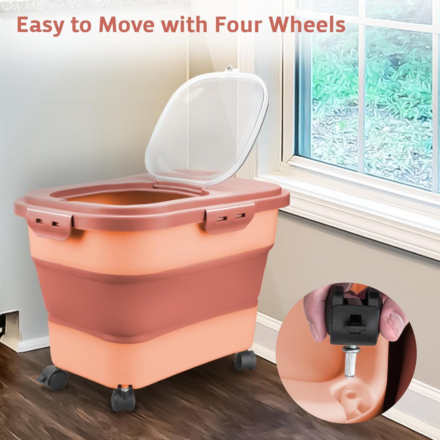 Rice Storage Containers, Collapsible 20 to 30Lbs Food Storage Bin Dispenser with Rolling Wheel and Clear Airtight Lid, BPA Free Flour, Sugar, Cereal and Dog Cat Pet food Containers
