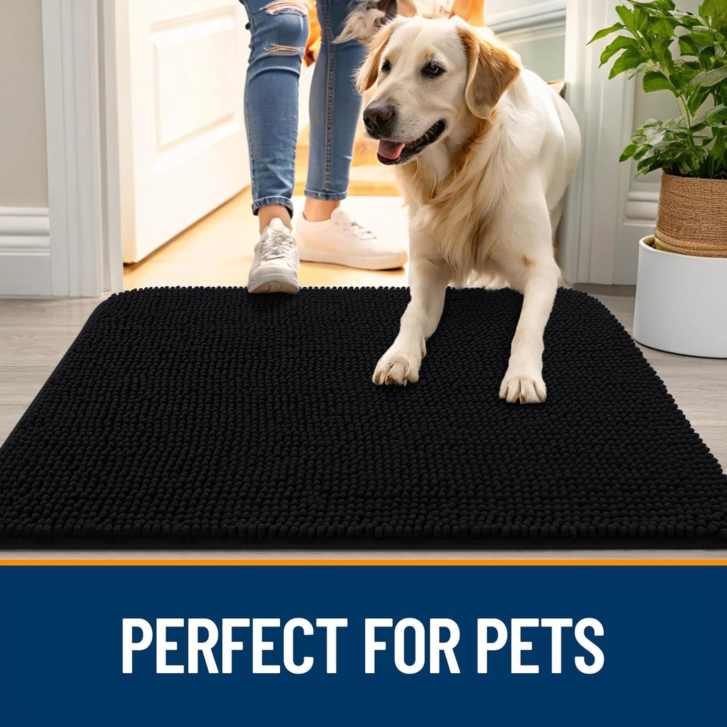 OLANLY Dog Door Mat for Muddy Paws 30x20, Absorbs Moisture and Dirt, Absorbent Non-Slip Washable Doormat, Quick Dry Chenille Mud Mat for Dogs, Entry Indoor Entryway Carpet for Inside Floor, Black