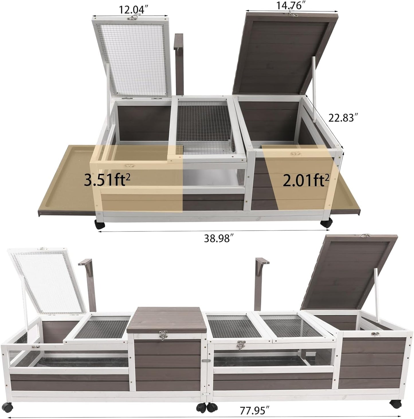 Tortoise Habitat Wooden Tortoise House, Indoor Turtle Enclosure Outdoor Reptile Cage with Removable Bottom, Light Support, Openable Roof (Double Habitat, Leakproof Tray)