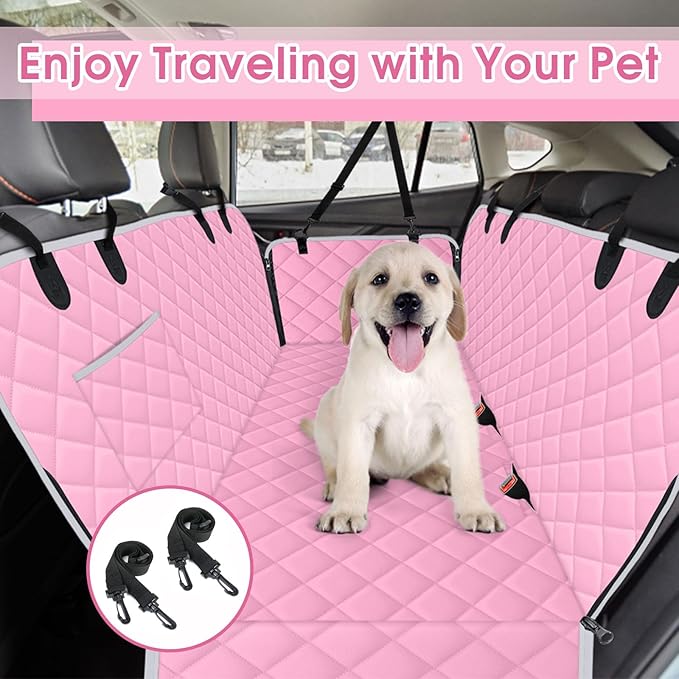 Waterproof Dog Car Seat Cover for Back Seat - Durable, Scratch Proof Pet Hammock with Nonslip Design & Storage Pockets, Fits Cars, SUVs, Trucks - L, Pink/Grey