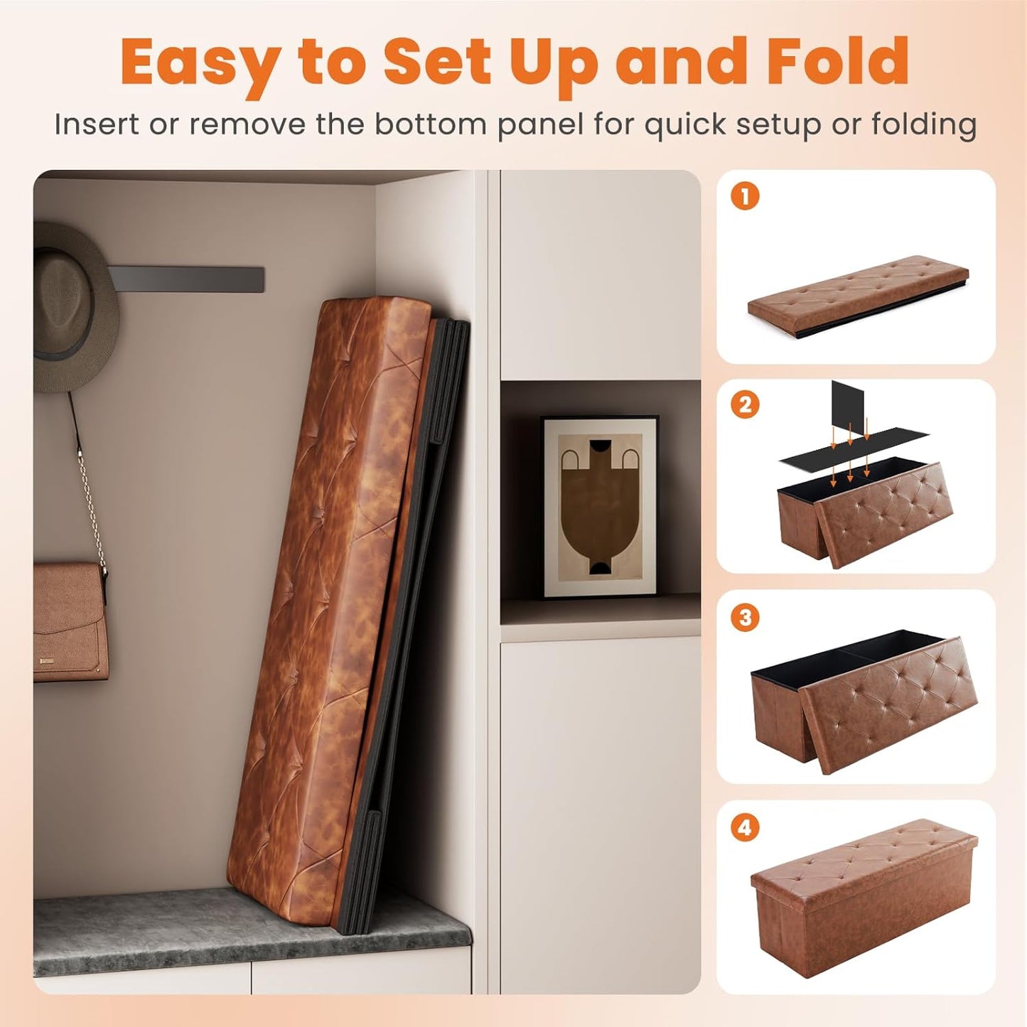 Sweetcrispy 43 Inches Folding Ottoman with Storage Bench, Foot Rest Stool, End of Bed Storage Bench Upholstered, Load 660 lbs, for Living Room, Synthetic Leather, Brown