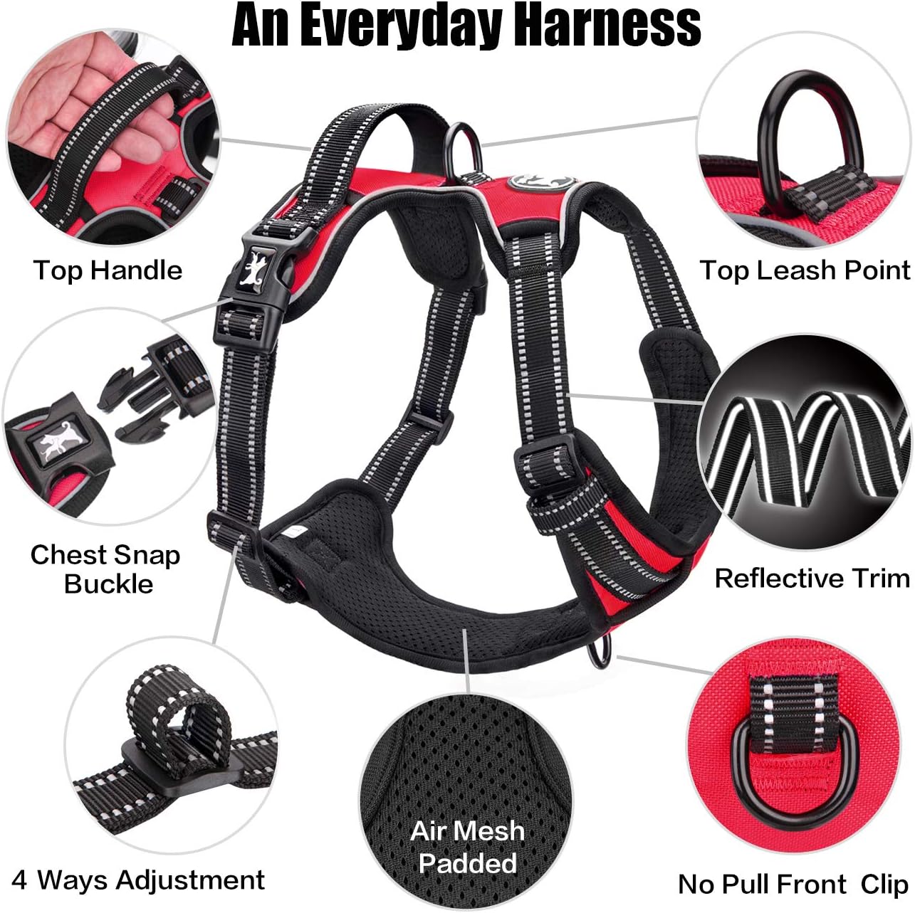 PoyPet No Pull Dog Harness, Reflective Comfortable Vest Harness with Front & Back 2 Leash Attachments and Easy Control Handle Adjustable Soft Padded Pet Vest for Small to Large Dogs (Red,XL)