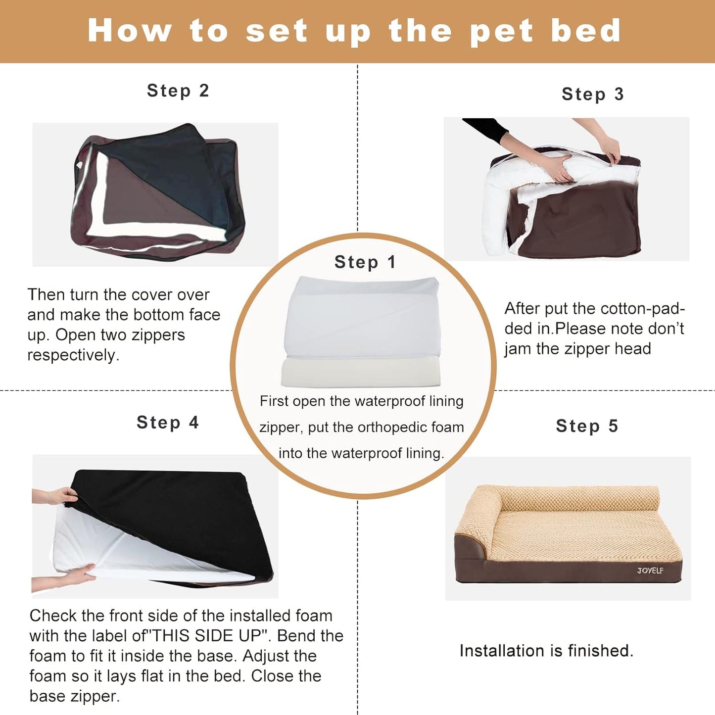 JOYELF Orthopedic Dog Bed for Extra Large Dogs, U-Shaped Foam Sofa Couch Bed, Bolster Waterproof Pet Bed with Removable Washable Cover and Nonskid Bottom for Dogs - Coffee