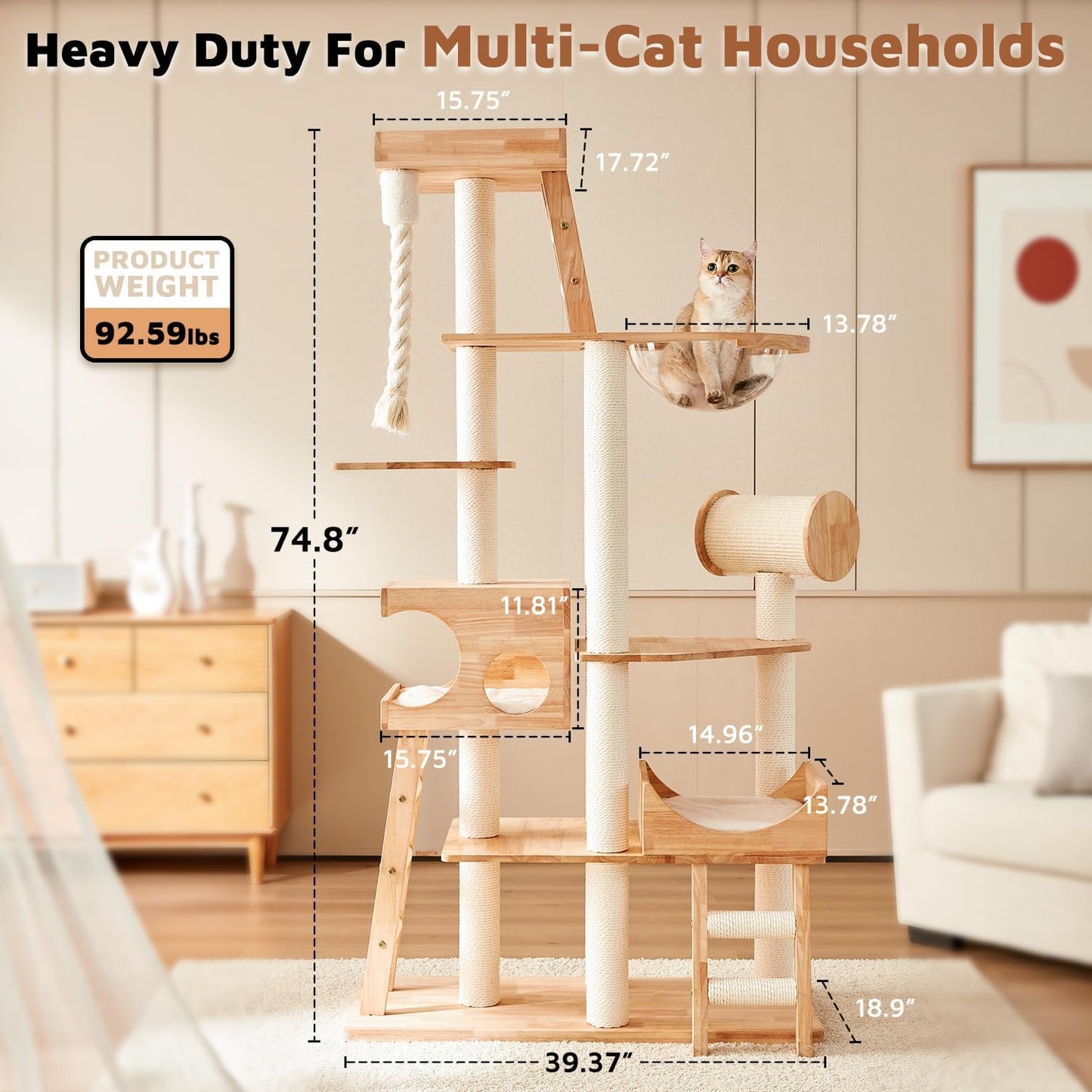 Wood Cat Tree for Indoor Cats, Modern Cat Tower, Unique Cat Condo with House, Tall Luxury Furniture with Heavy Duty Wide Base, Kraft Paper Rope Scratching Post, Removable Cushion (74.8-inch)