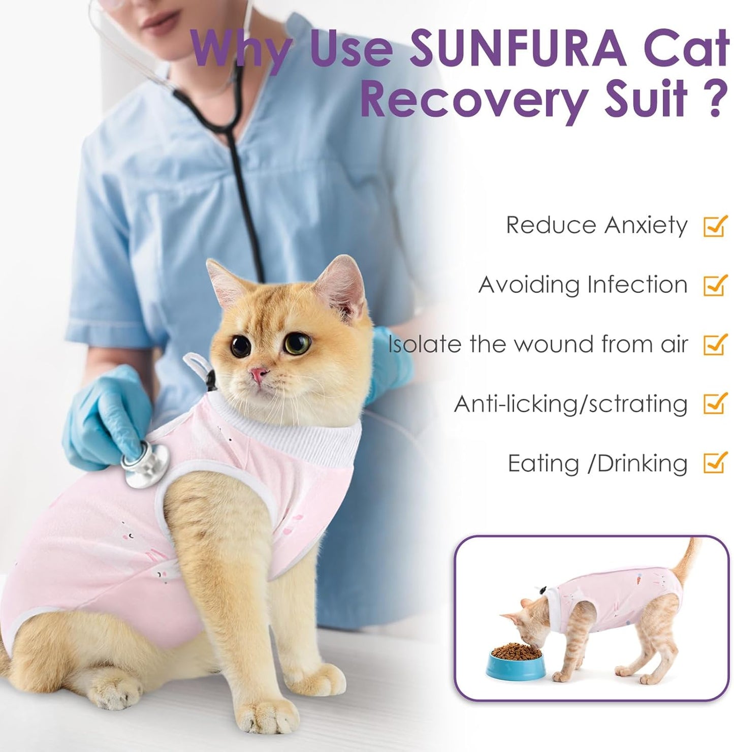 SUNFURA Cat Recovery Suit, Kitten Surgical Full Bodysuit for Abdominal Wound Protector Anti Licking After Surgery, Professional Bandages Cone E-Collar Alternative for Small Male & Female Pets