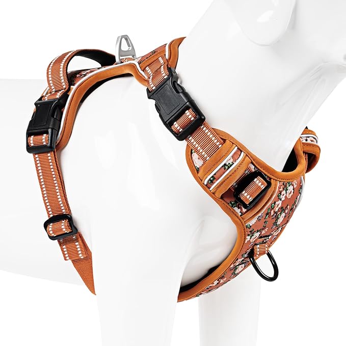 Timos Dog Harness for Medium Dogs, No Pull Service Vest with Reflective Strips and Control Handle,No Choke Dog Harness with 2 Metal Rings for Easy Walking,Outdoor Training,Flower Orange, M