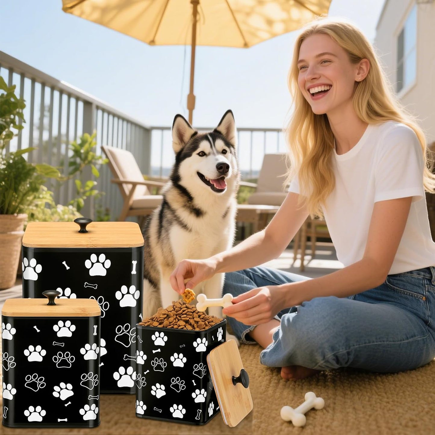 3 Pack Airtight Dog Food Containers with Bamboo Lids, Metal Dog Treat Jars Canisters for Kibble, Biscuits, Snacks, Cookies, Pet Food Storage Set for Kitchen Counter(Black)