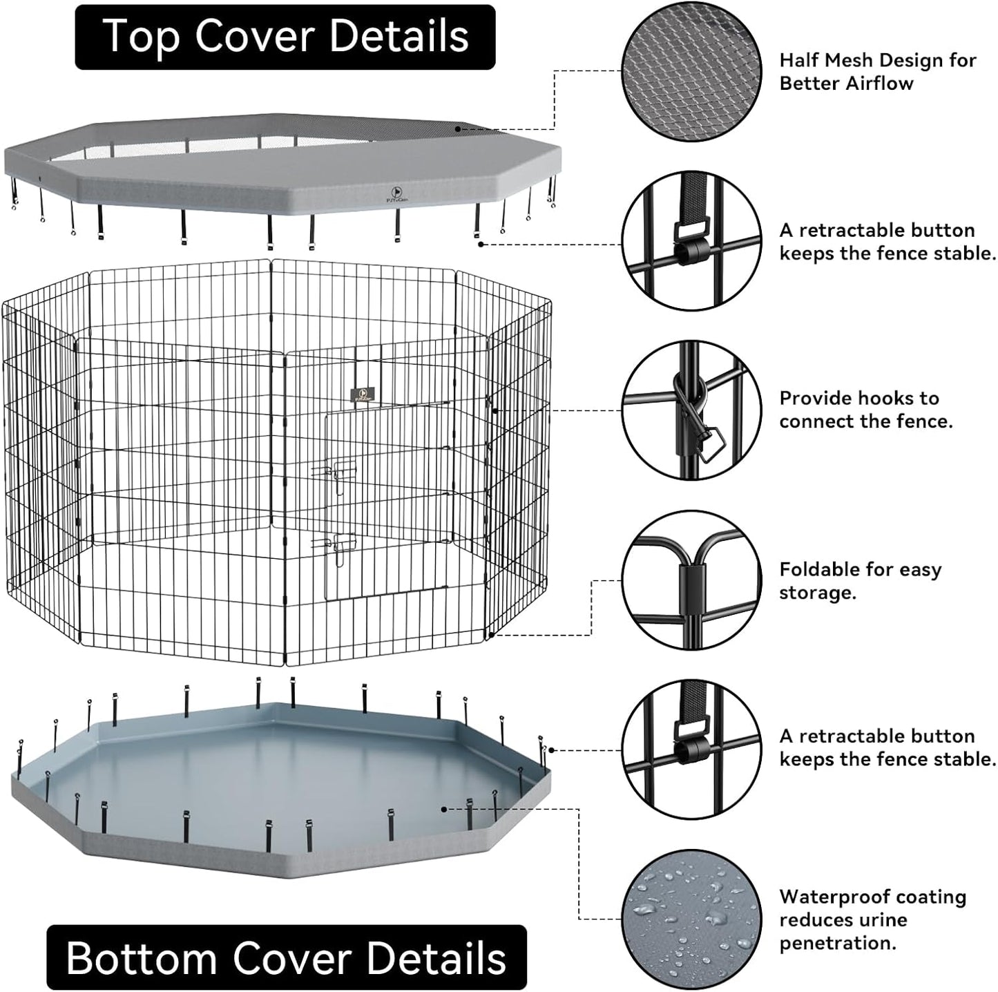 PJYuCien Dog Playpen, 8 Panels 24”H Dog Playpen Indoor with Grey Bottom Pad and Top Cover, Metal Foldable Dog Pen for Indoor Use, Only for Small Medium Animals, Grey