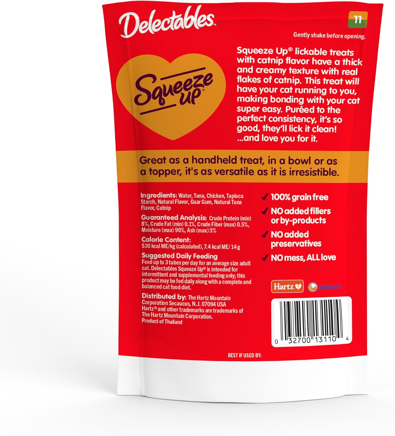 Delectables Squeeze Up Creamy Squeezable Puree, Lickable Wet Cat Treats, Grain Free, No Added Fillers, No By-Products, No Added Preservatives, 0.5 Ounces Tube Chicken with Catnip, 32 Tubes Total