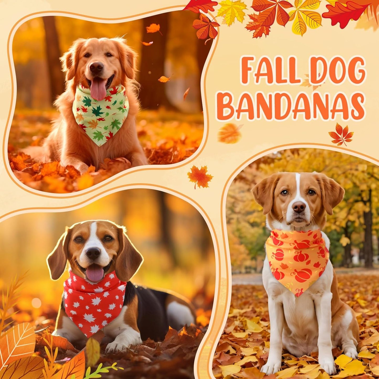 Weewooday 50 Pcs Fall Dog Bandanas Bulk Pumpkin Maple Leaves Thanksgiving Autumn Bandanas for Bibs Adjustable Scarf for Small Medium Large Pets Cats Costume(Leaves Pattern, 31.5 x 21.7 X21.7 Inch)