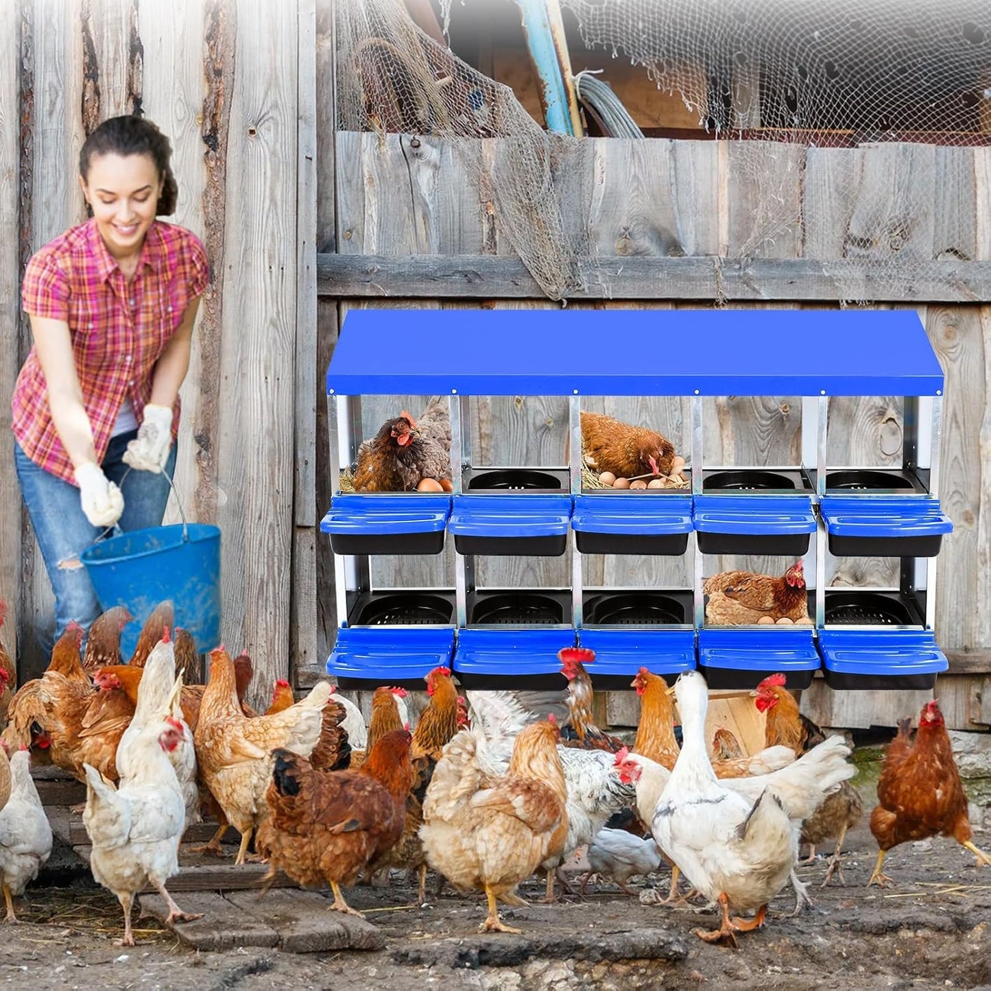 Chicken Nesting Box, 10 Hole 2 Layer Hen Nest Boxes, Roll Away Eggs Laying Boxes,Cleanable Pull Out Hen Roosting Boxes