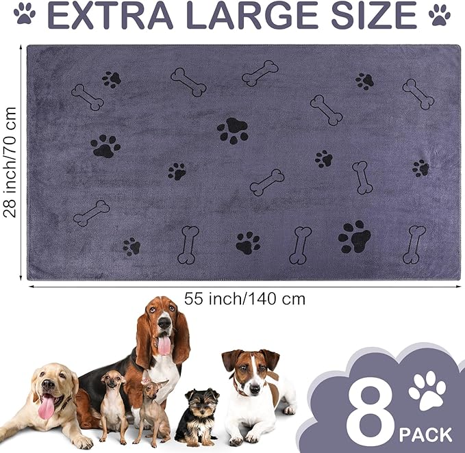 Chumia 8 Pcs Dog Towels for Drying Dogs Cats Pet Towels Bulk Puppy Microfiber Quick Drying Paw Bath Bathing Supplies Absorbent for Medium Pets(Gray,55 x 28 Inch)