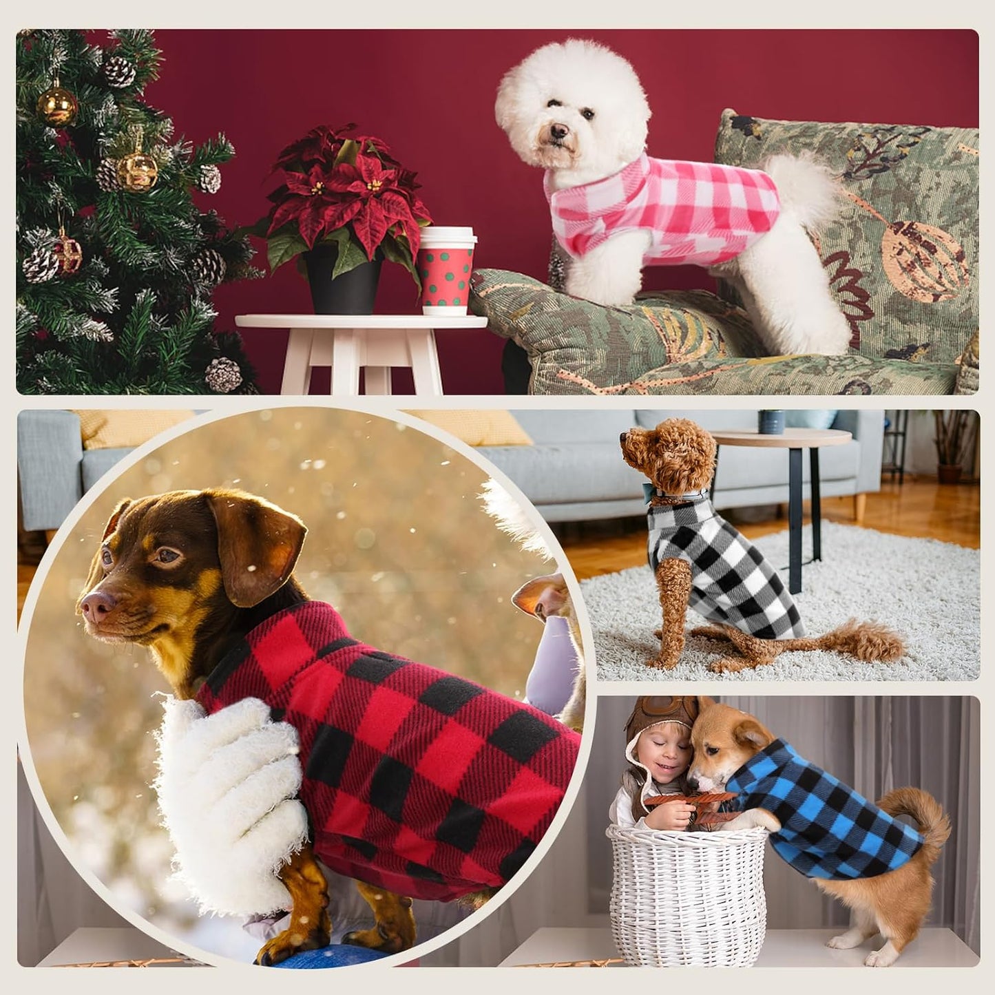 Kuoser Dog Fleece Vest,Warm Plaid Dog Sweater with Leash Hole,Soft Turtleneck Winter Pet Jacket Dogs Coat Pullover Clothes for Small Medium Dogs Cats,Spring Fall Cold Weather Christmas Outfit,Red M