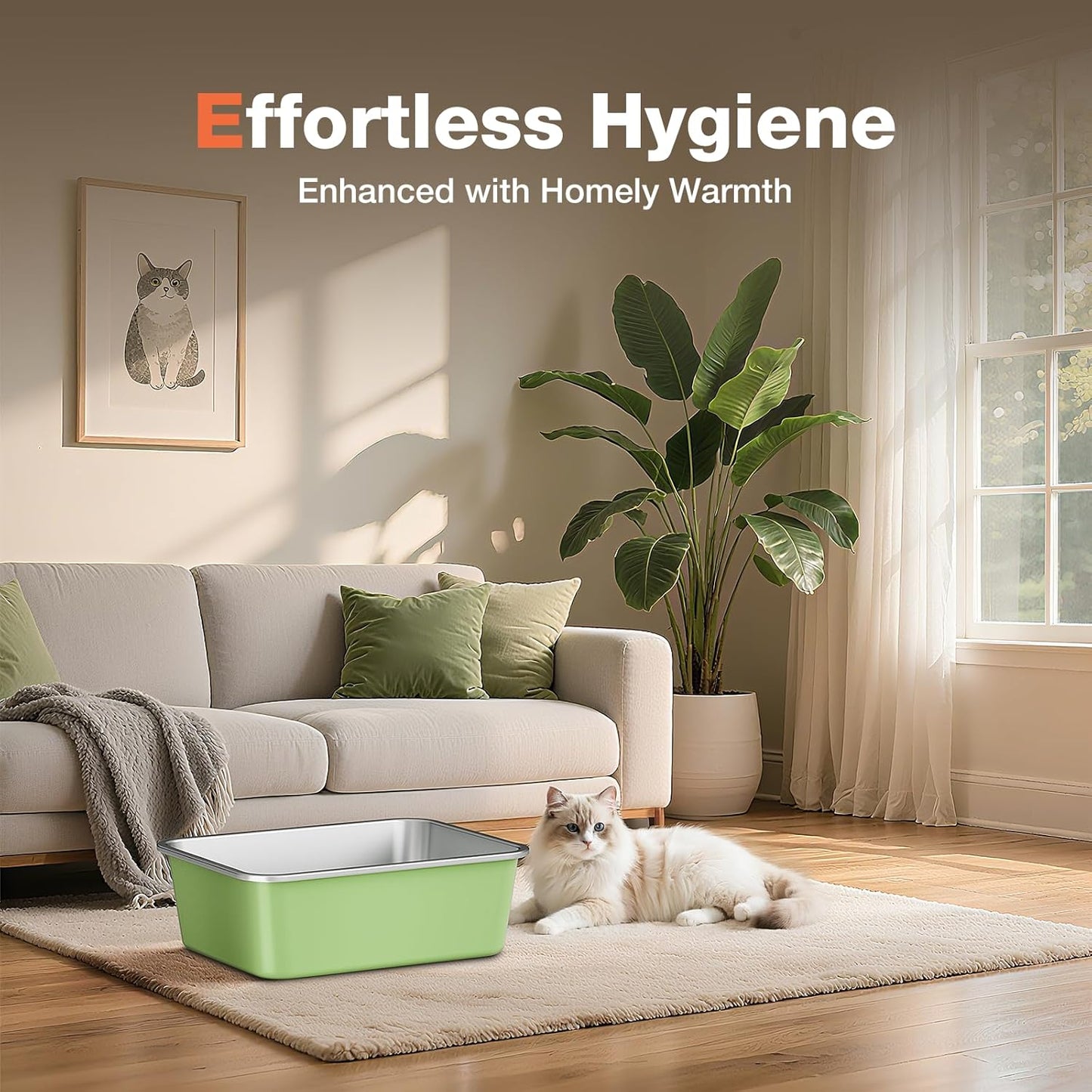 Stainless Steel Litter Box, Large Metal Cat Litter Box with High Sided for Big and Small Cats, Non-Stick, Easy to Clean, Odor-Free, 17.5" L×13.6" W×5.9" H, Leaf Green