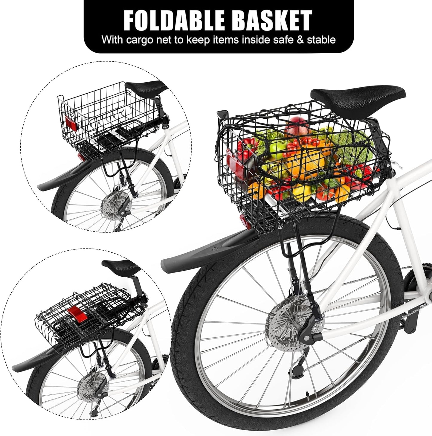 Aodaer Rear Bike Rack with Basket Quick Release Bike Rear Rack Heavy Duty Folding Bike Basket with Waterproof Bag & Cargo Net & Installation Tool