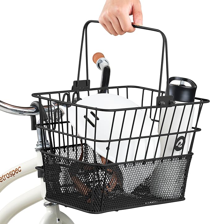 Retrospec Apollo Detachable Front Bike Basket Steel Half-Mesh with Integrated Detachable Hooks and Built-In Handle, Easy Assembly and Portability for Bicycles