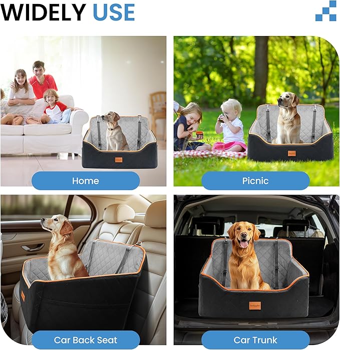 Dog Car Seat for Medium Dogs - Pet Car Seat with 2 Safety Straps & Waterproof Padding, Portable Pet Carrier for Cars, Trucks & SUVs, Comfortable Booster Bed for Pets Up to 55lbs (Black/Grey)