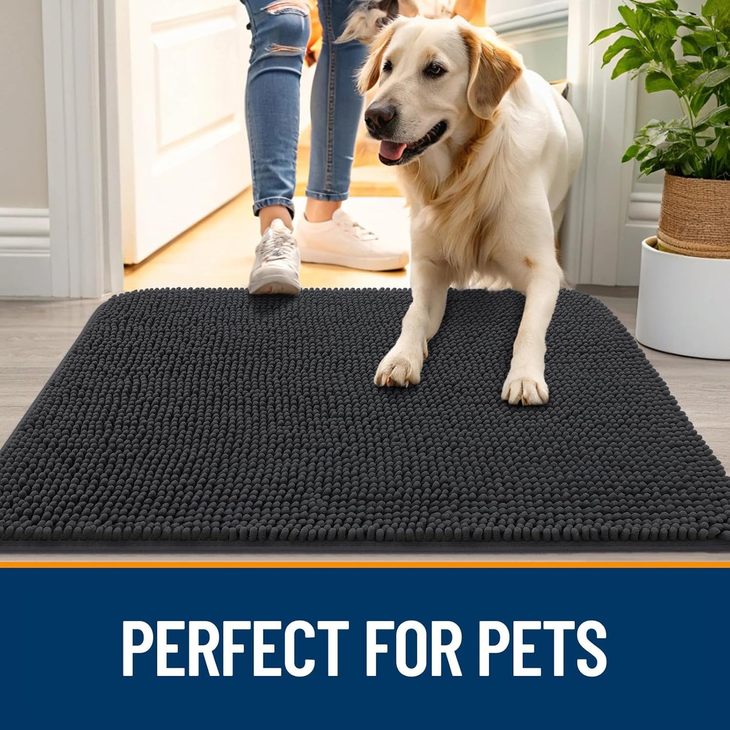 OLANLY Dog Door Mat for Muddy Paws 45x27, Absorbs Moisture and Dirt, Absorbent Non-Slip Washable Doormat, Quick Dry Chenille Mud Mat for Dogs, Entry Indoor Entryway Carpet for Inside Floor, Dark Grey