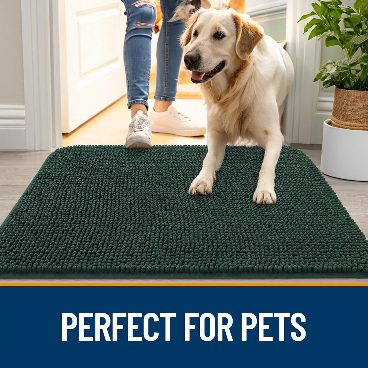 OLANLY Dog Door Mat for Muddy Paws 70x24, Absorbs Moisture and Dirt, Absorbent Non-Slip Washable Doormat, Quick Dry Chenille Mud Mat, Entry Indoor Entryway Carpet for Inside Floor, Blackish Green