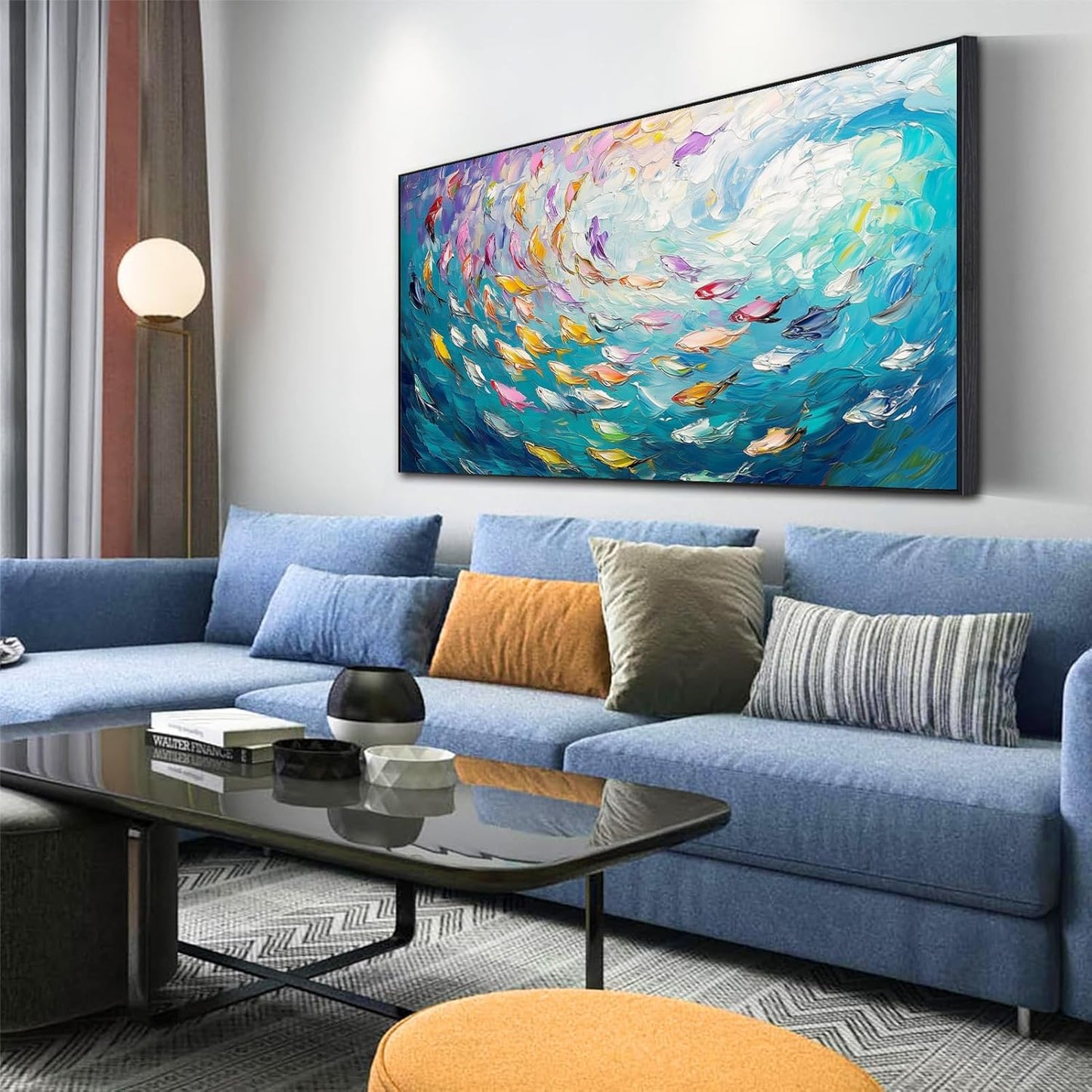 Fish Canvas Wall Art, Abstract School of Fish Canvas Wall Art, Ocean Picture Print, Sea Life Print Decor, Nautical Painting, Living Room, Bedroom, Bathroom Decor (Gold Framed, 23"x13" | 60x35cm)