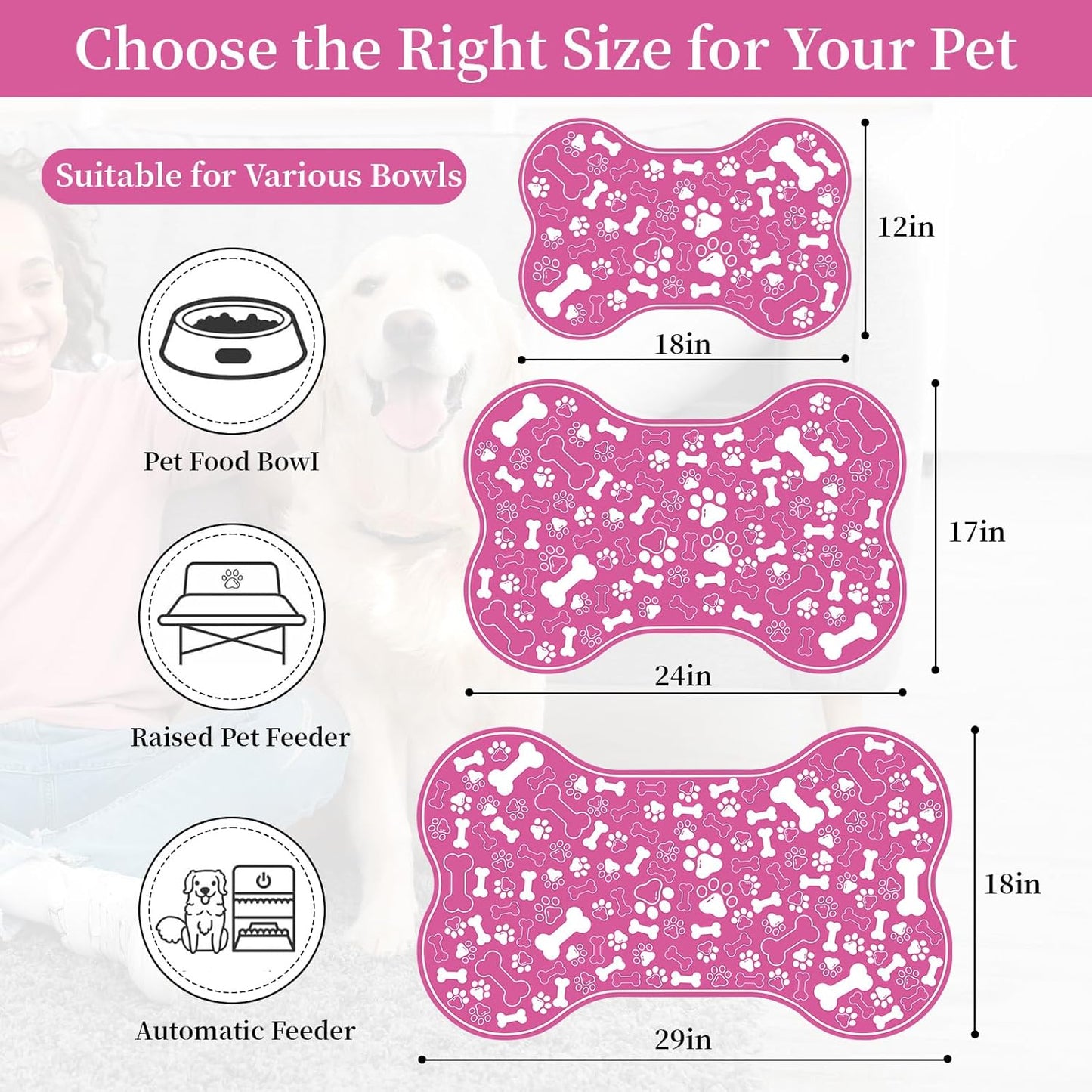 Dog & Cat Food Mat Bone Shaped Pet Feeding Mat Quick Absorb Water Bowl Placemat with Rubber Backing Indoor Floor Stain Resistant Pet Accessory Supplies (Pink Small, 12x18 Inches)