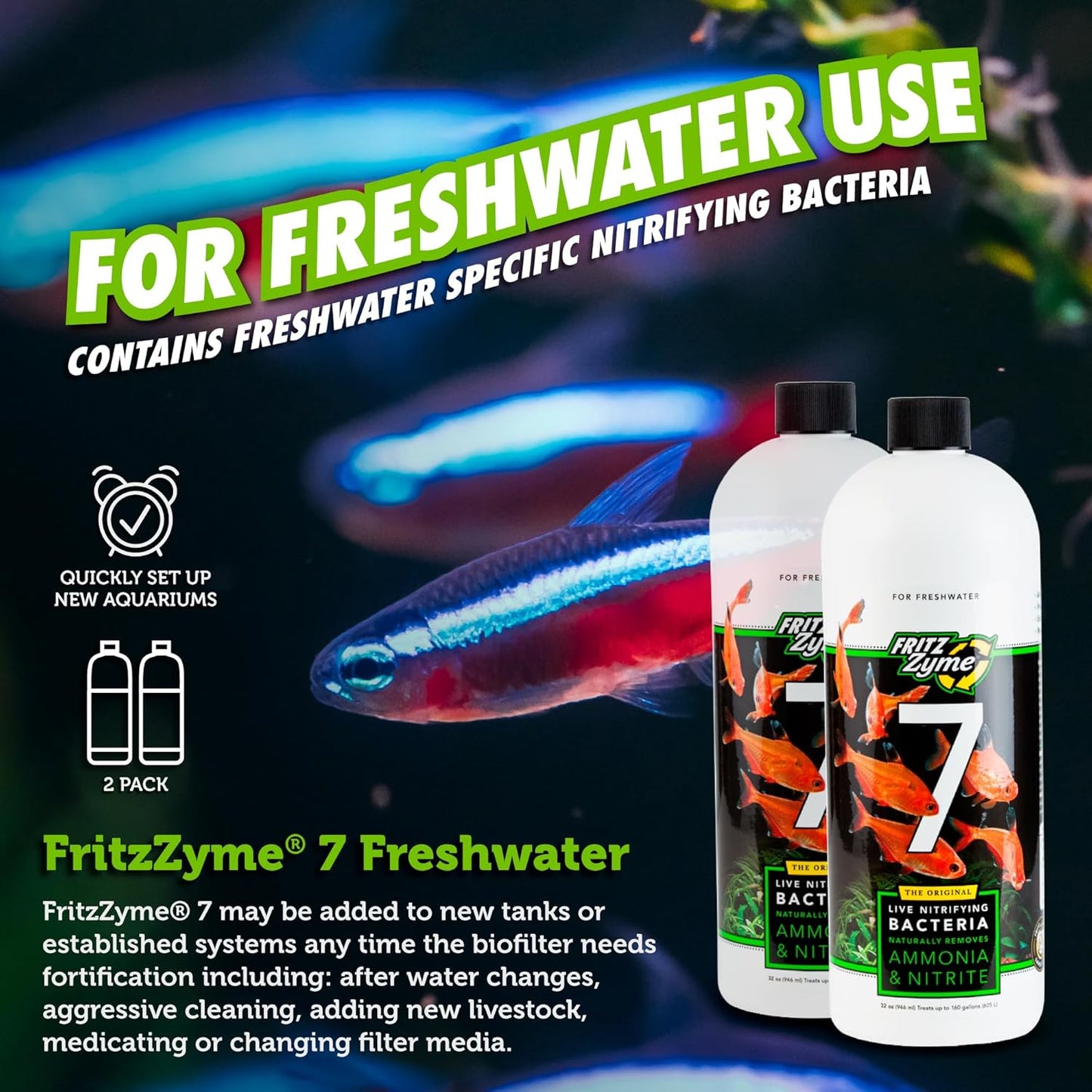 Fritz Aquatics FritzZyme 7 Live Nitrifying Bacteria Naturally Removes Amonia & Nitrite for Freshwater Fish (32-Ounce | 2-Pack)