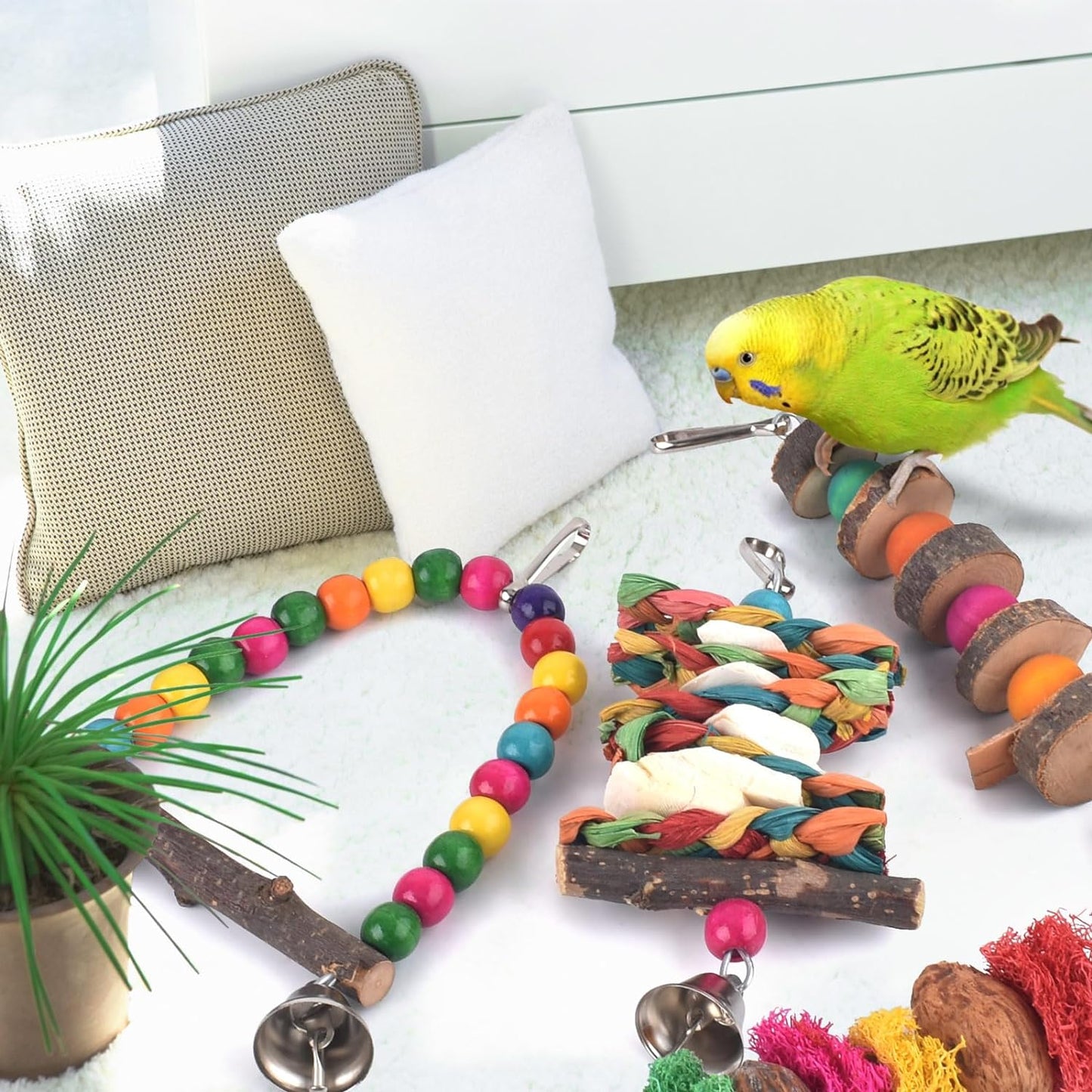 Bissap Bird Chew Toys, 7 Packs Parakeet Natural Wood Toys Parrot Hanging Cage Toy Perch Stand for Small Birds Conure Cockatiel Parrotlet Lovebird Budgie