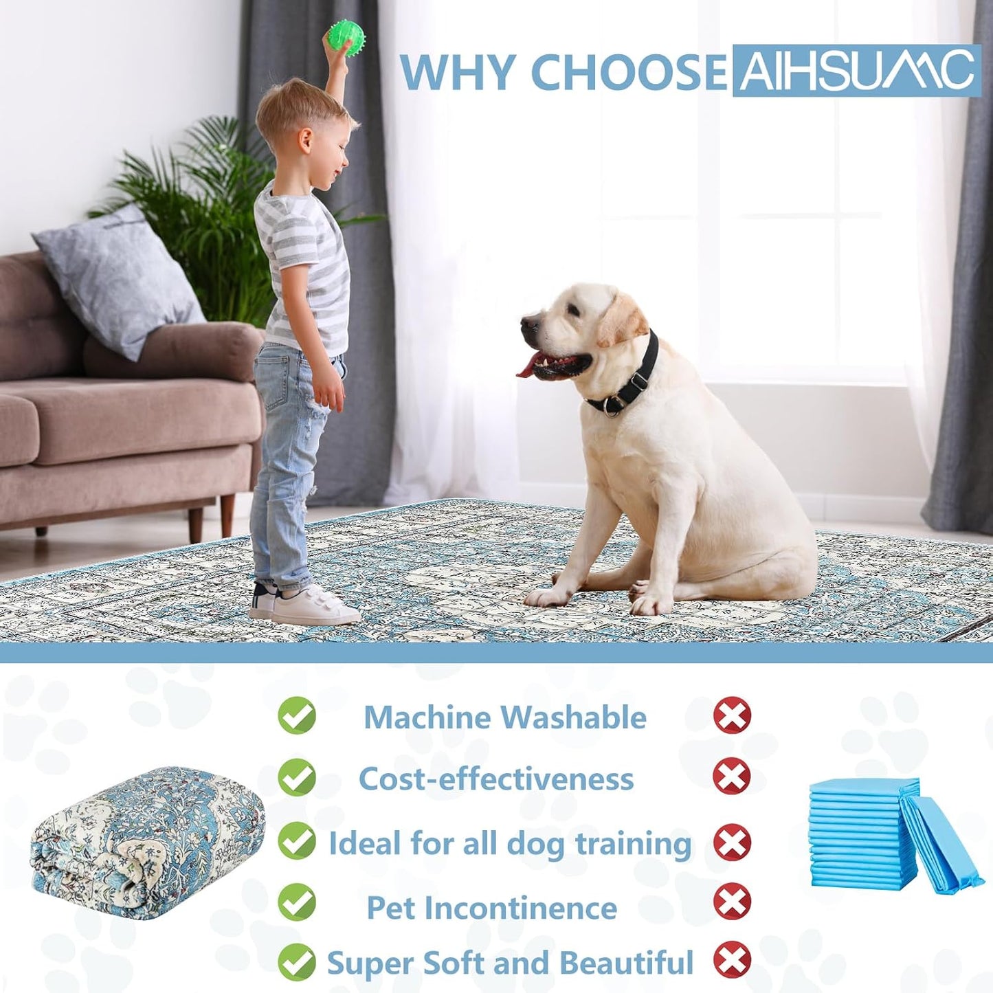 Extra Large Washable Pee Pads for Dogs (72"x72"), Upgrade Reusable Puppy Pads with Non-Slip Rug Pad, Super Thickening Absorbent Leakproof Dog Traning Pads Whelping Pad for Dogs, Doggie