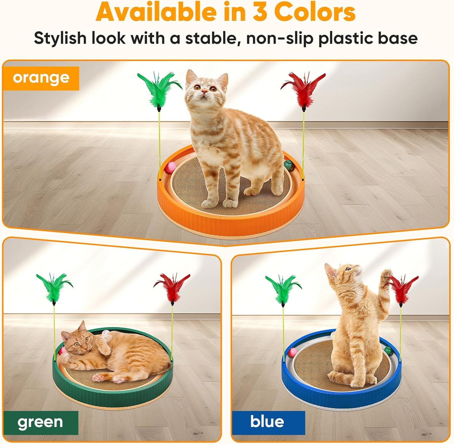 20-Inch Round Cat Scratcher with Ball Track – 3-in-1 Cardboard Cat Scratching Pad with Feather Toys, Non-Slip Base – Interactive Cat Toy for Indoor Cats, Kitten Scratch Play Lounge Board (Orange)