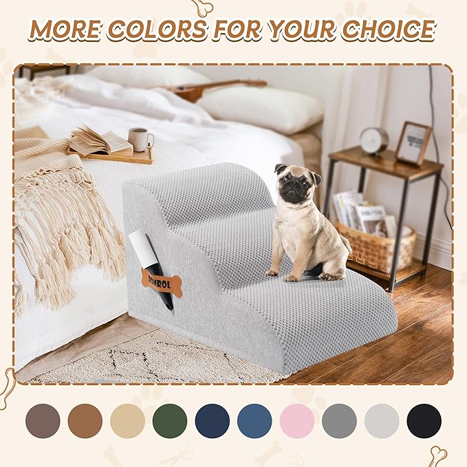 Romrol Dog Stairs Ramp for High Beds Couches, High Density Foam Pet Steps with Durable Non-Slip Waterproof Fabric Cover, Dog Stairs for Small Dogs or Cats or Pets, 3-Step,15 Inch,Light-Grey