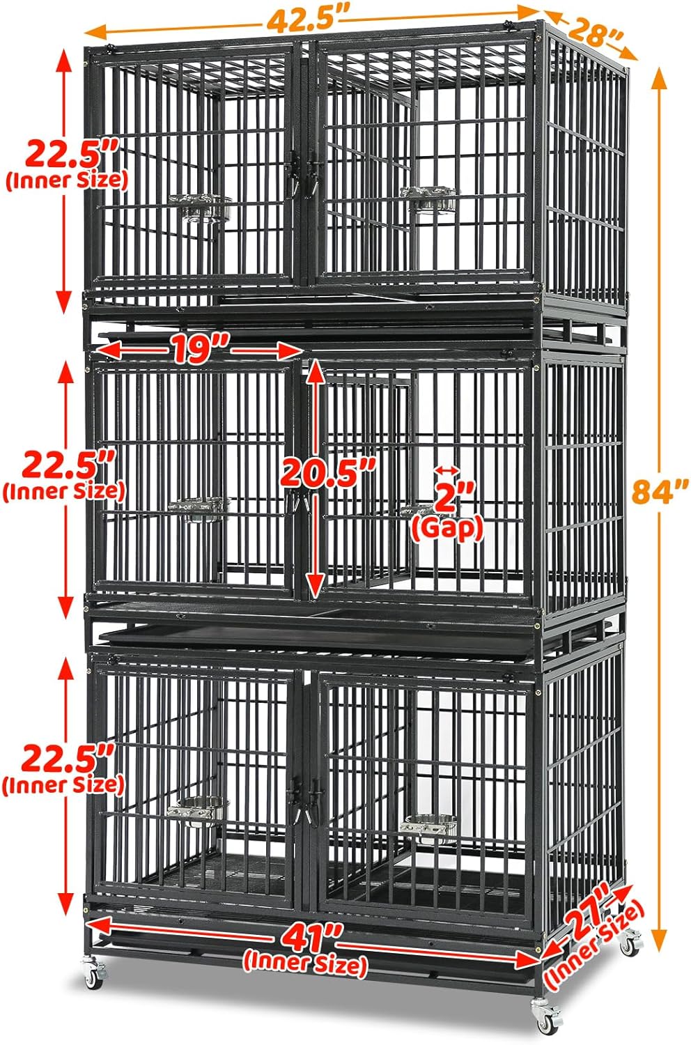 Homey Pet 2 Pack Three Tiers 43 inch Stackable Heavy Duty Dog Crate with Wheels, Indestructible Steel Dog Cage Kennel Indoor with Detachable Divider, Trays, Feeding Bowls, Escape Proof Locks