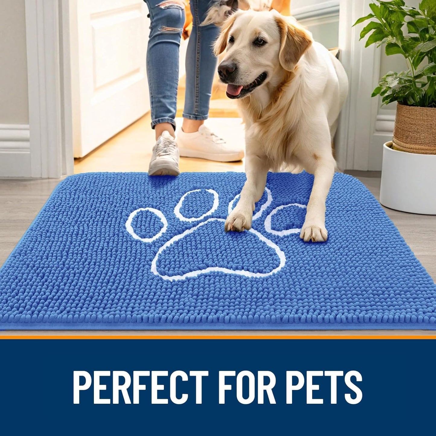 OLANLY Door Mat for Muddy Dog Paws 48x30, Absorbent Chenille Mud Doormat with Paw Print Design, Non-Slip Washable Doormat for Indoor Entryway, Quick-Dry Pet Bed Mats for Dirty Dogs, Cornflower Blue