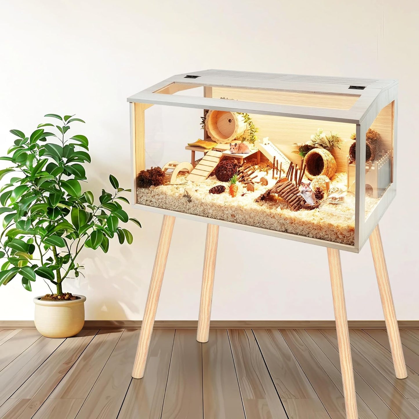 Prolee Hamster Cage with Legs Chew Proof Hamster Habitat Guinea Pig Cages, Hamster House, Hamster Cages and Habitats (32" L x 16" W x 40" H, Thick Wood Roof)