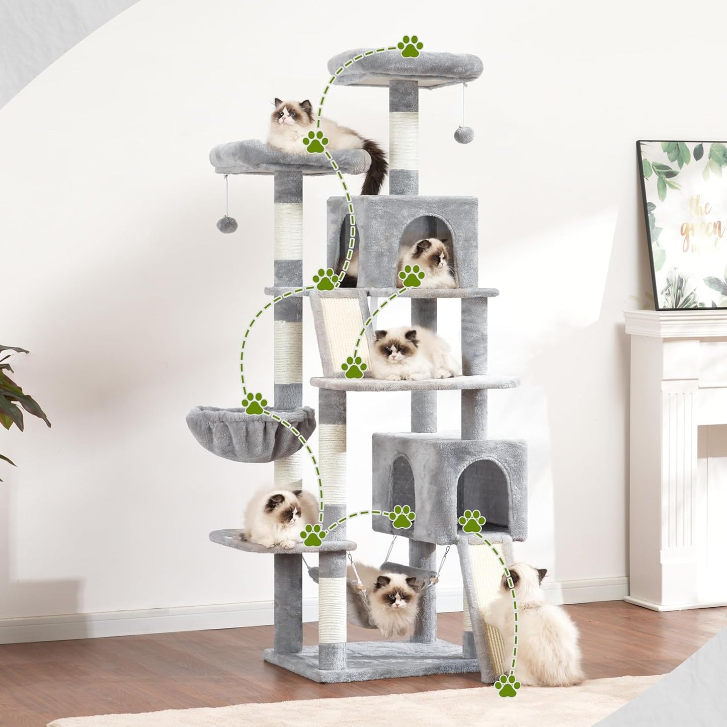 Cat Tree for Indoor Cats, 71'' (180cm) Multi-Level Cat Tower for Large Adult, Sturdy Cat Tree House with 2 Scratching Boards 7 Posts, 2 Plush Perches/Condos, Hammock, Light Gray GCT032W