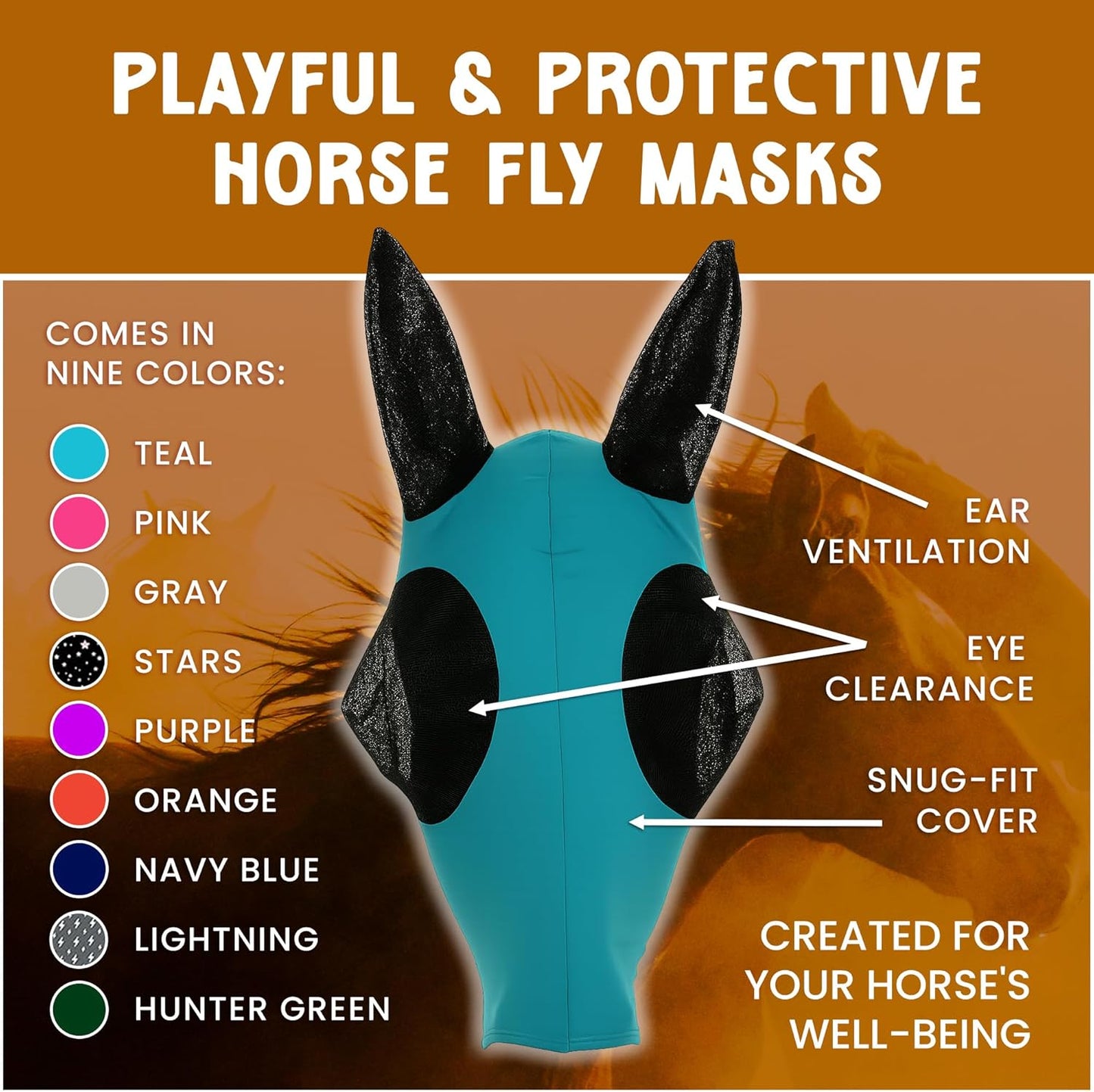 Horse Fly Mask - Equine Fly Mask with Full Coverage for Eye & Ear - Stretchable, UV & Sun Protection Flymask for Horses, Ponies & Mini Horses - Horse Face Cover for Pasture & Trail - Lightning