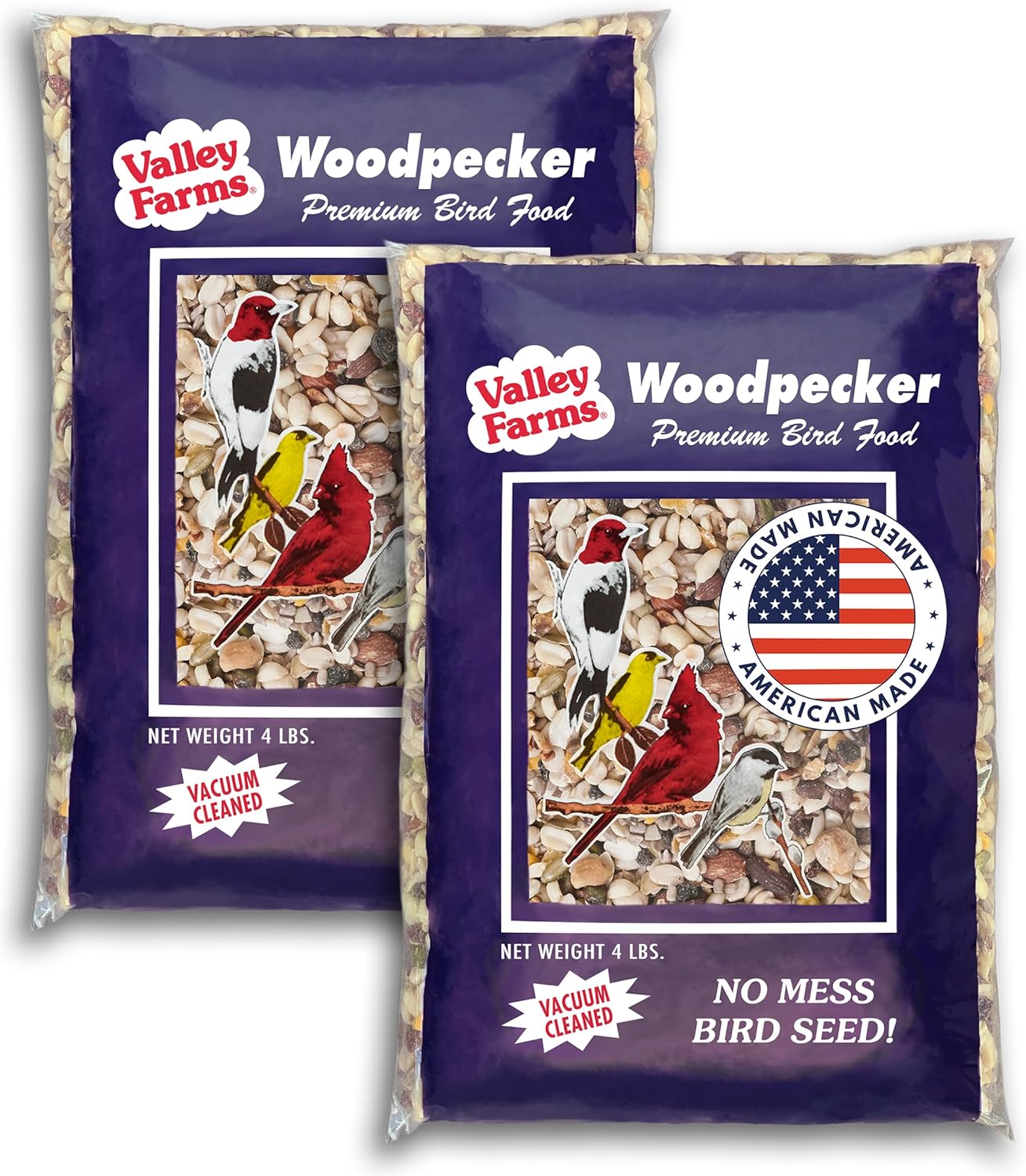 Valley Farms Woodpecker Mix 4 LB 2-Pack (8 LB Total) Wild Bird Food for Outdoor Feeders, No Mess Bird Seed, W/Peanuts and Sunflower Hearts for Birds, Woodpecker Food, Attract All Bird Species