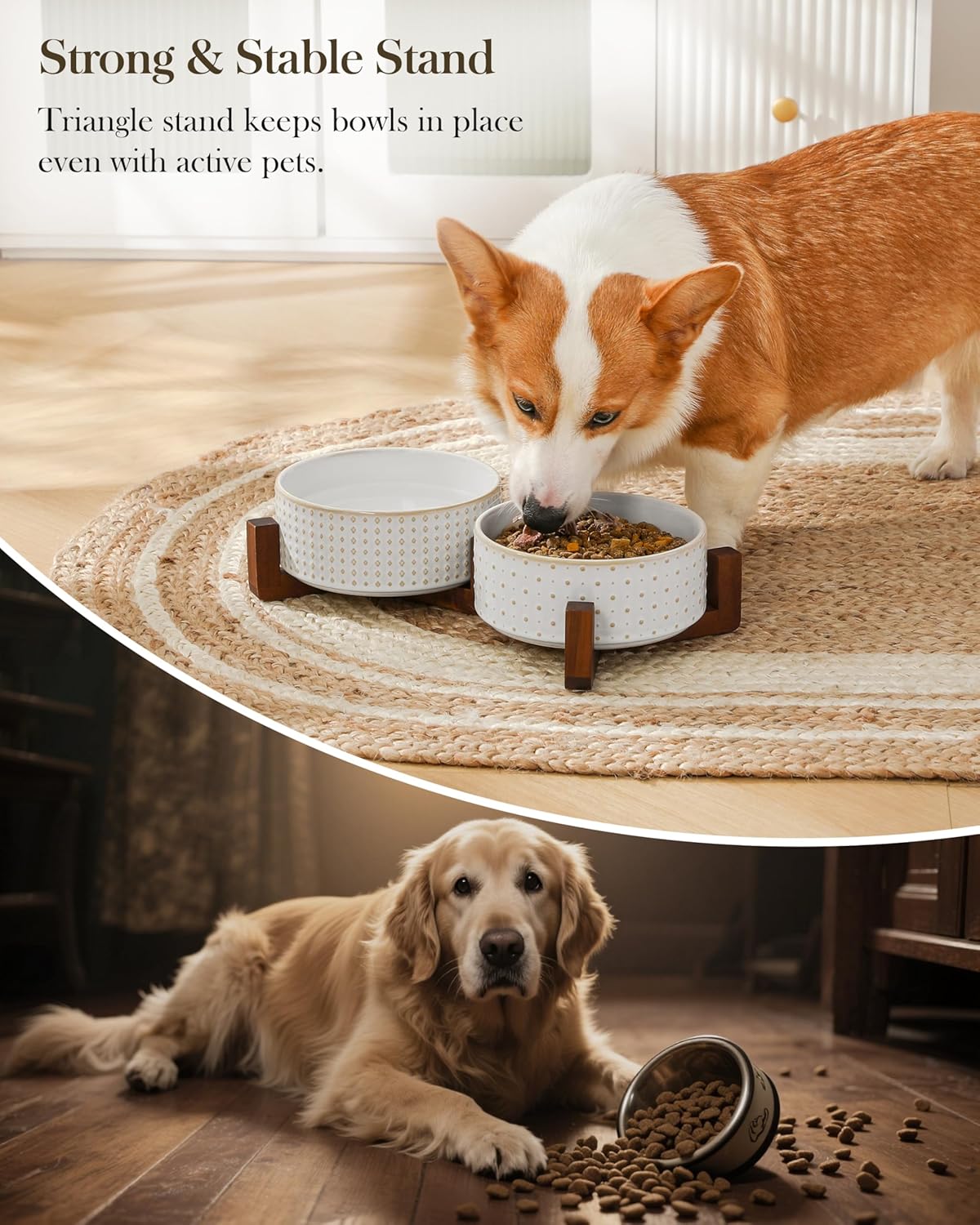 MALACASA Dog Bowl Set with Walnut Wood Stand, 3.5 Cups Ceramic Pet Bowls for Puppy Dogs, Dual Food and Water Bowls with Weighted Non-Slip Base, Basic Bowls for Your Dog or Cat, Rhombic & Polka Dots