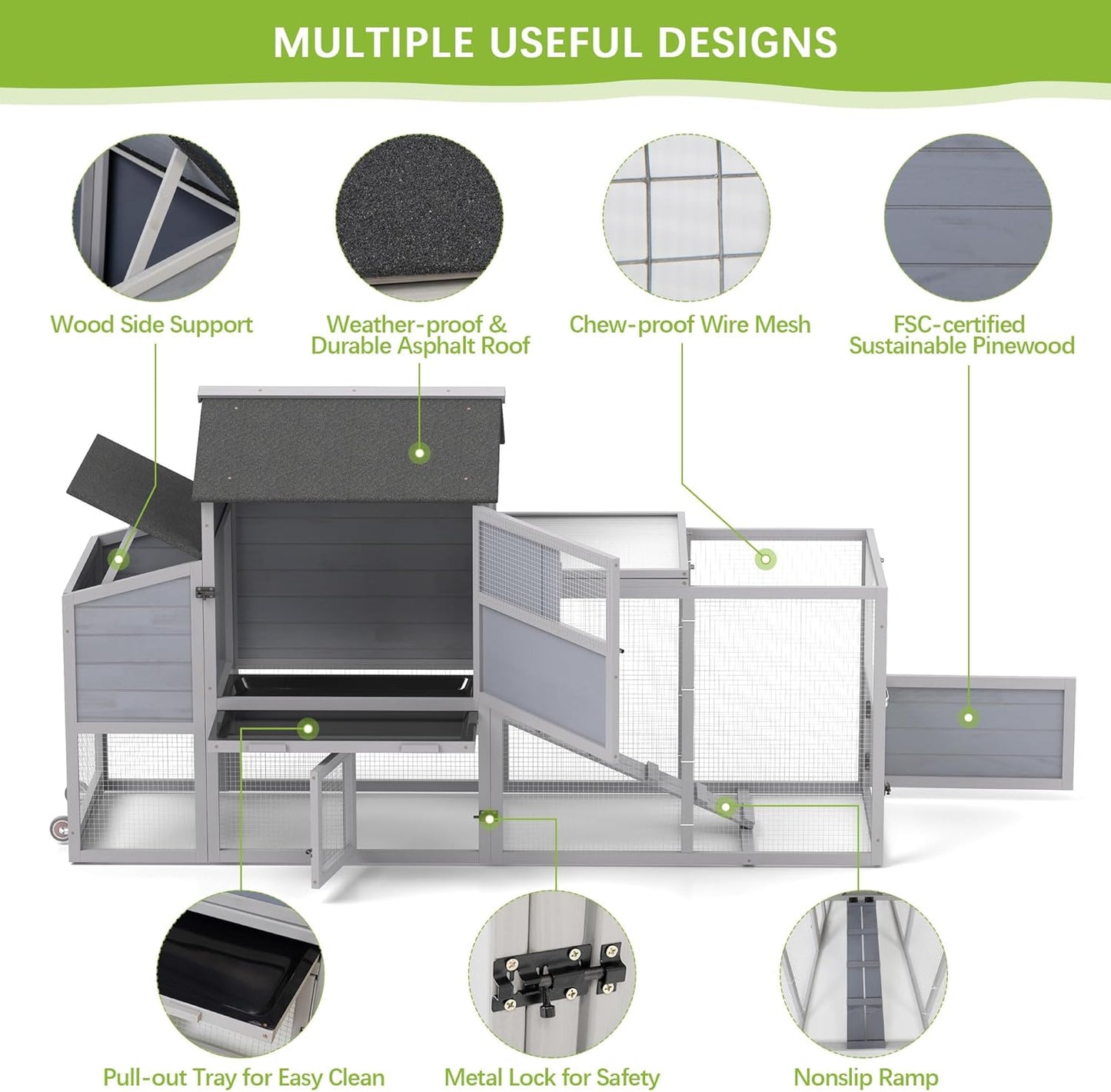 COZIWOW 82" Large Wooden Chicken Coop, Outdoor Rabbit Hutch with Wheels, Sunshine Board, Asphalt Roof, Ramp, Openable Top, Door, Window, Pull-Out Tray, Indoor Bunny Cage (Gray with Pattern)