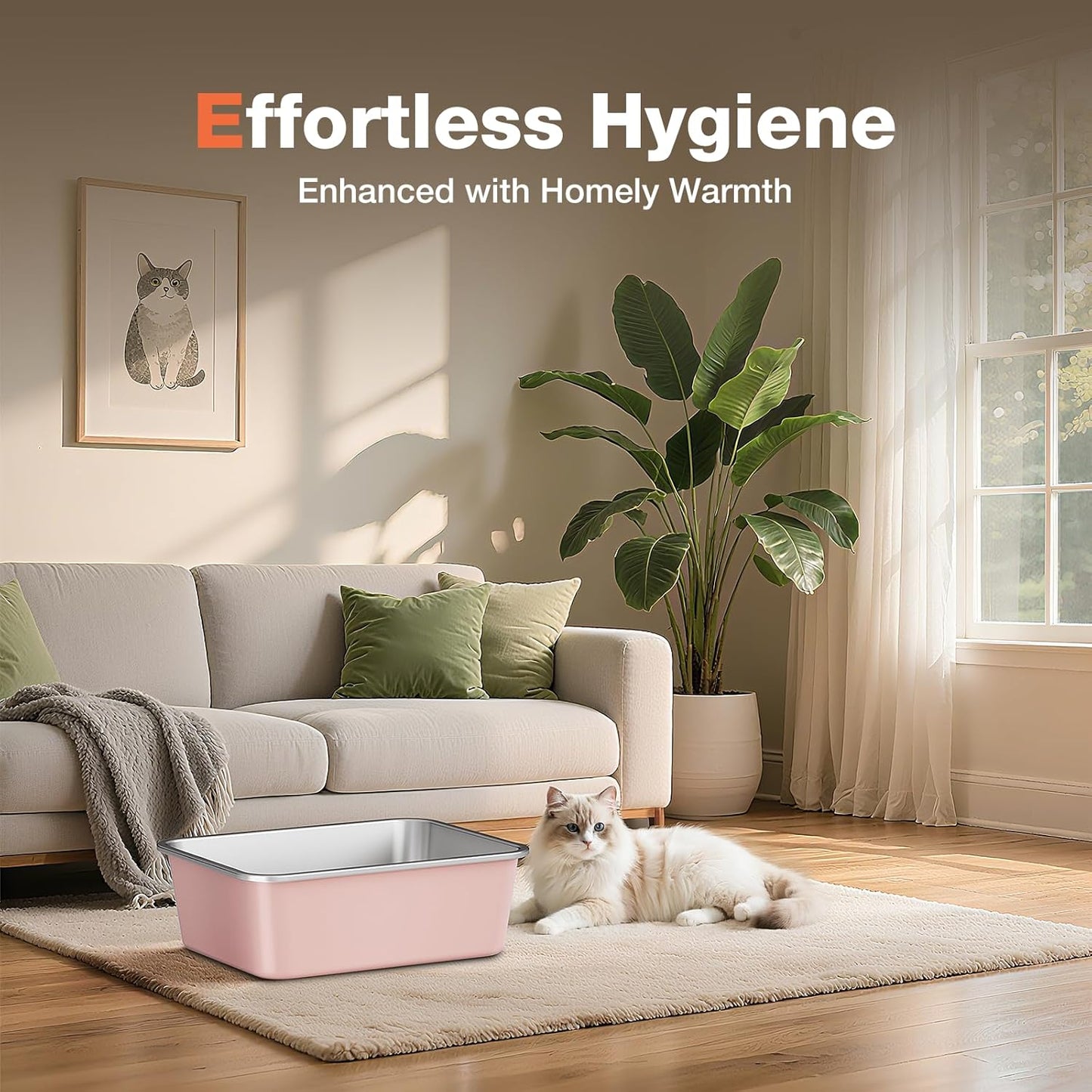 Stainless Steel Litter Box, Large Metal Cat Litter Box with High Sided for Big and Small Cats, Non-Stick, Easy to Clean, Odor-Free, 23.4" L×15.6" W×5.9" H, Blush Pink